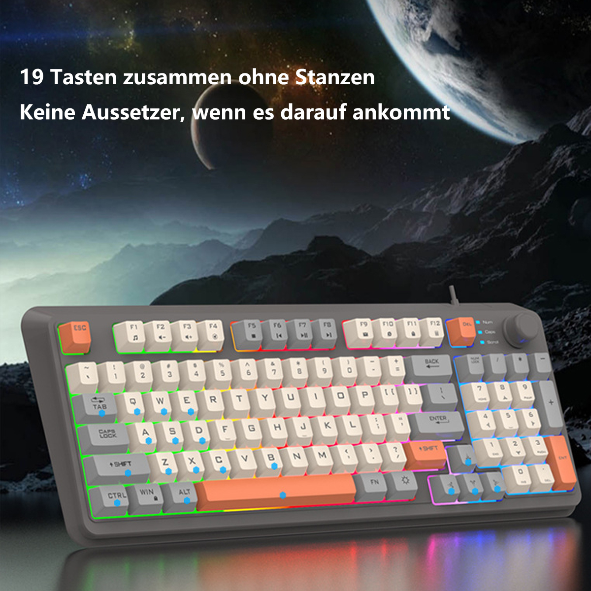 Eine graue Tastatur mit farbigen Tastenlichtern. Der Hintergrund hat eine raumähnliche Landschaft.