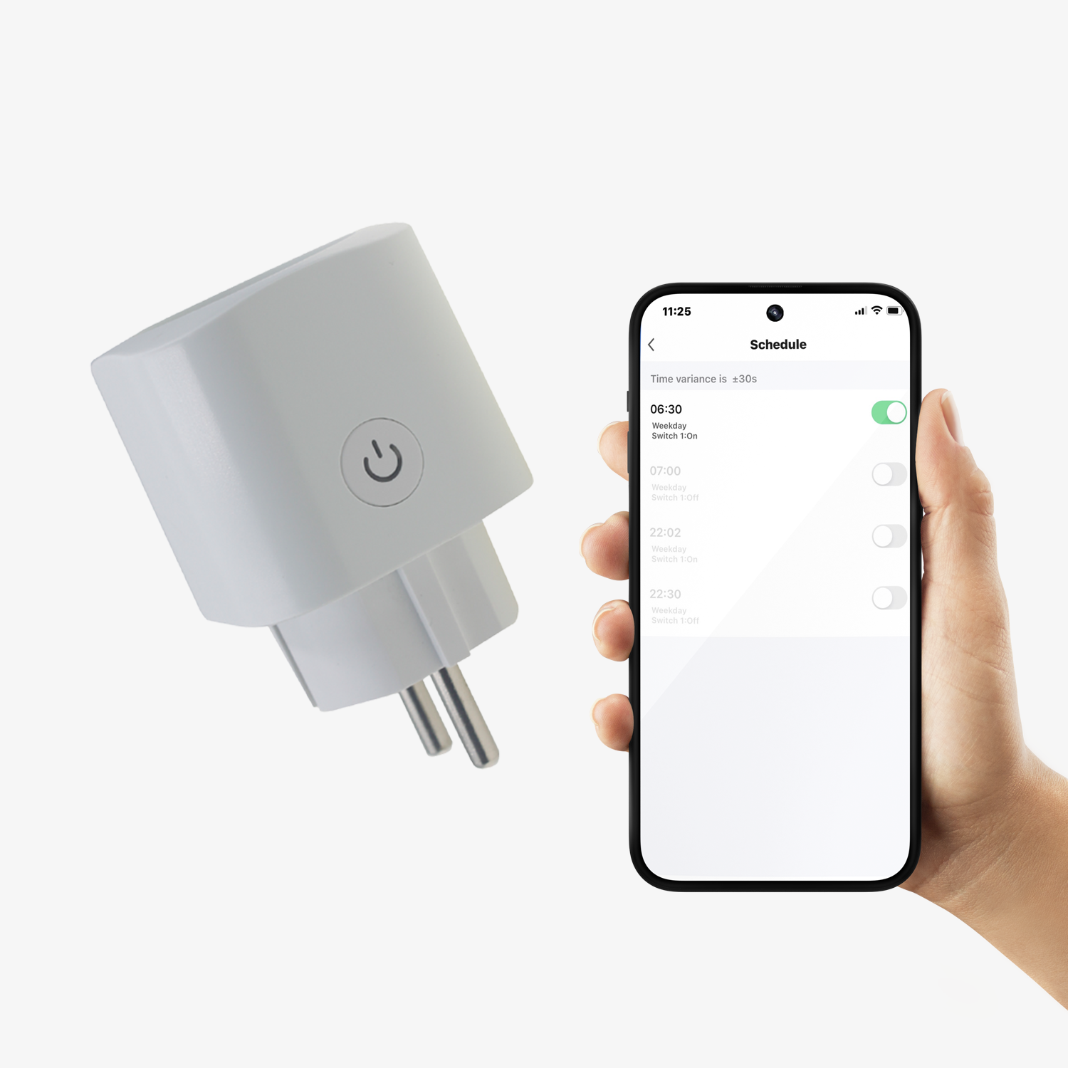 Ein intelligenter Stecker und ein Smartphone, das einen Zeitplan anzeigt.