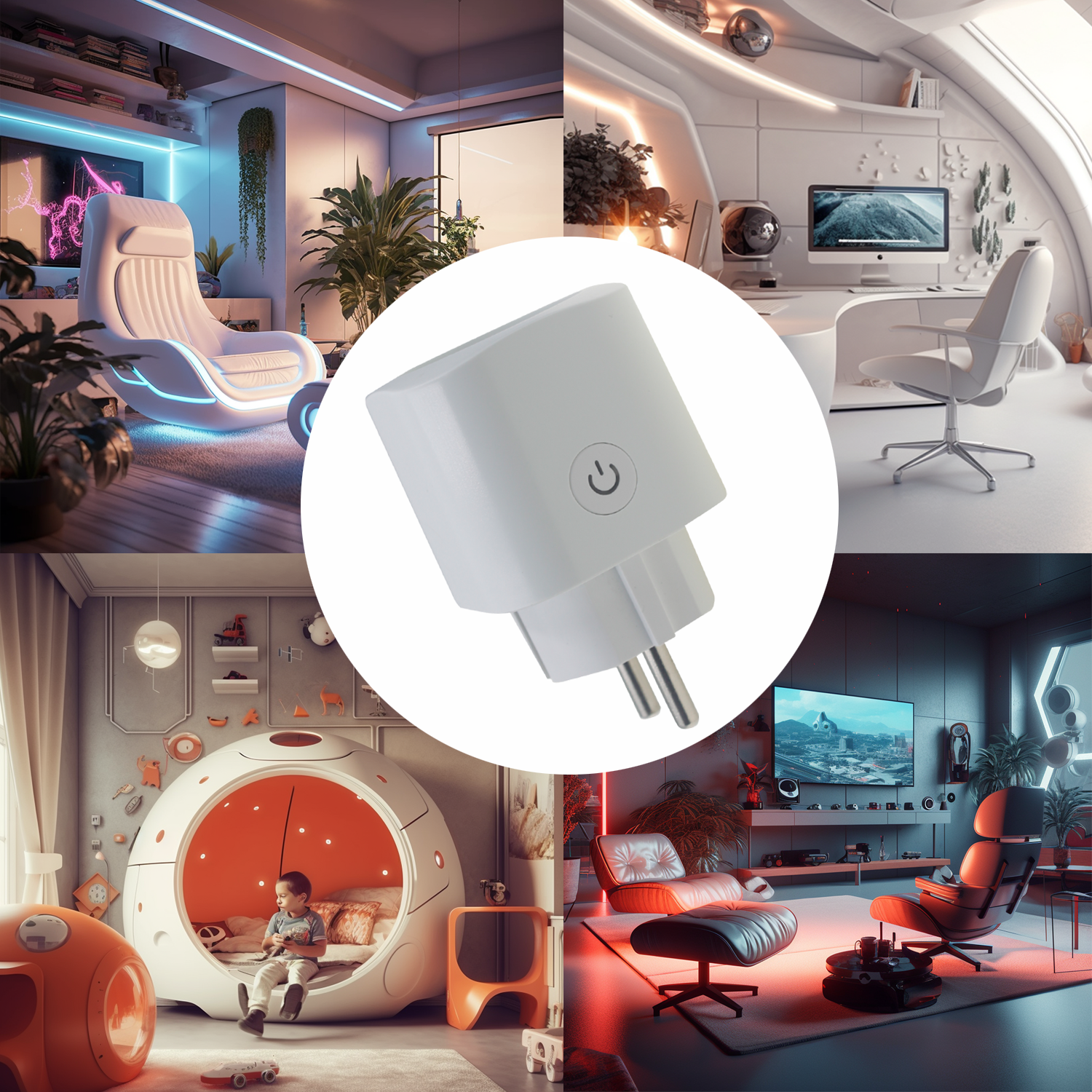 Eine Collage futuristischer Räume und ein weißer Netzstecker.