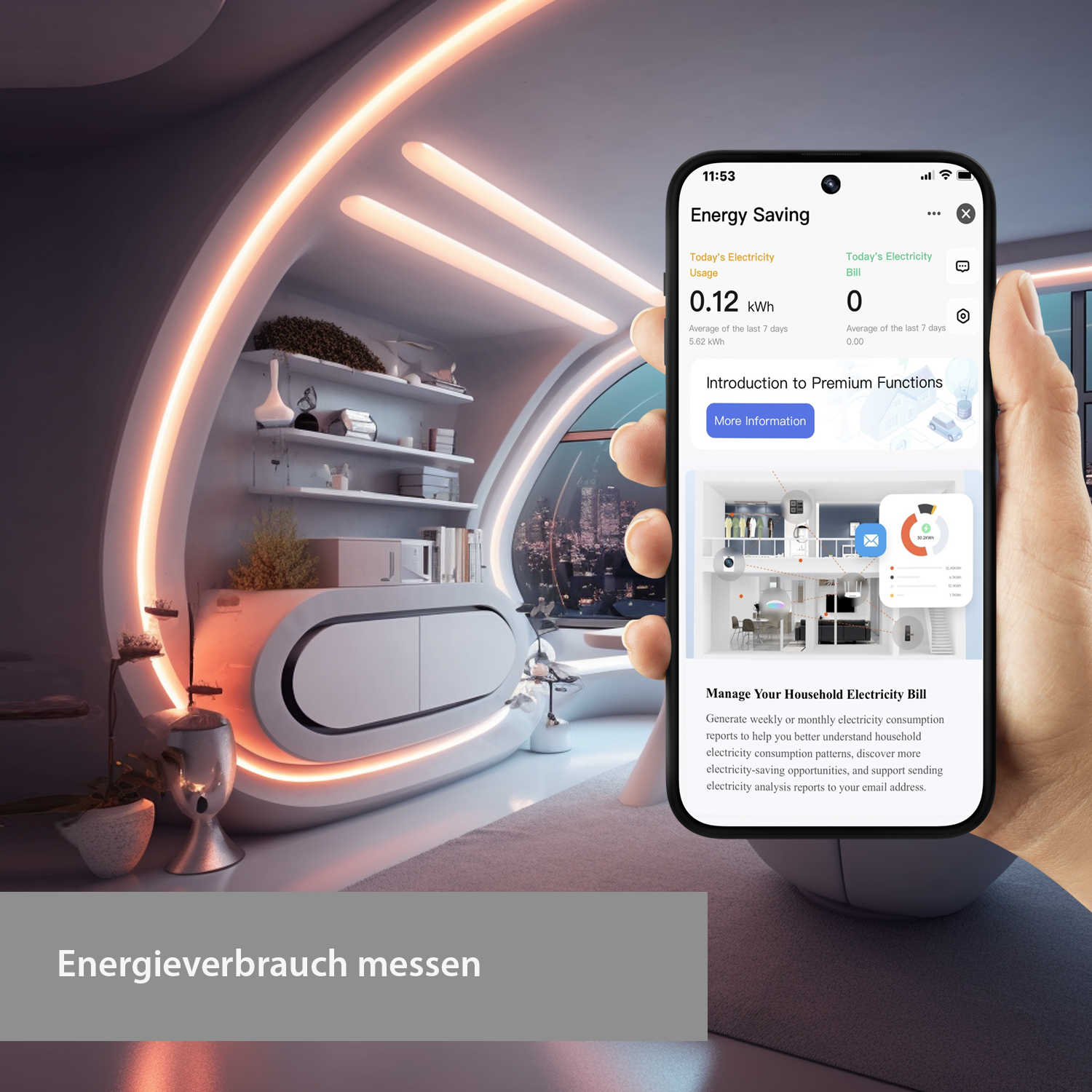 Eine Person hält ein Telefon, das eine Energiespar-App-Oberfläche anzeigt. Der Hintergrund zeigt ein modernes Interieur.