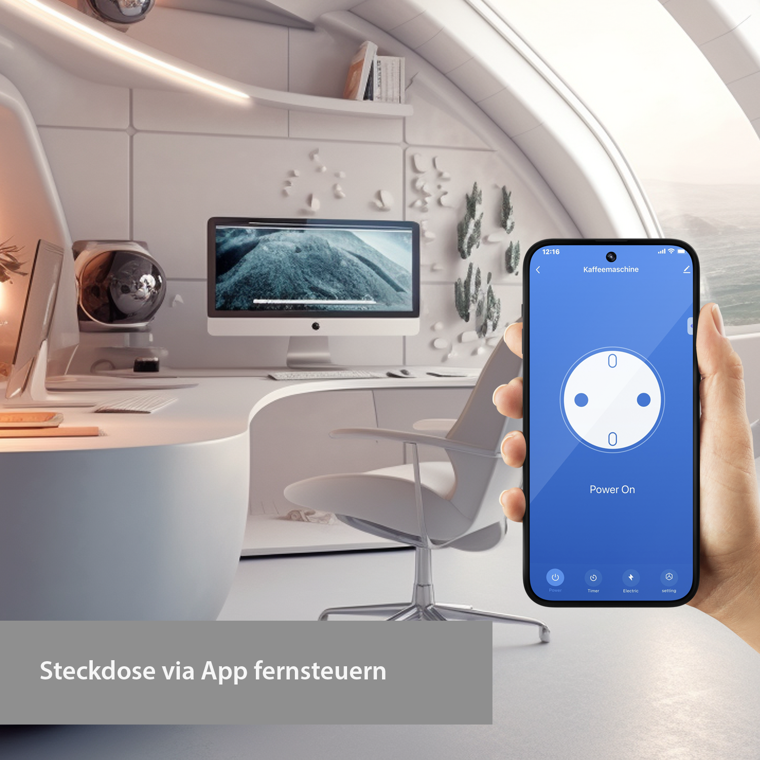 Ein Smartphone mit Kaffeeautomaten-App, ein modernes Büro mit Schreibtisch, futuristisches Design.
