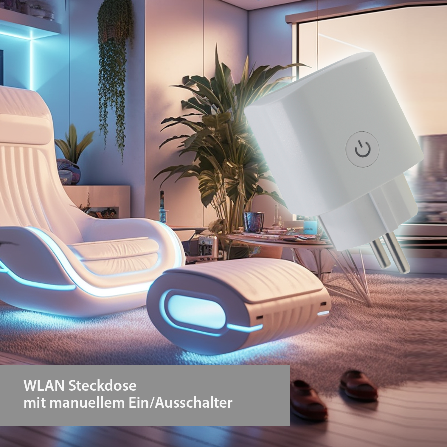 Ein Smart Plug mit Knopf in einem modernen Wohnzimmer mit Stuhl und Pflanze.