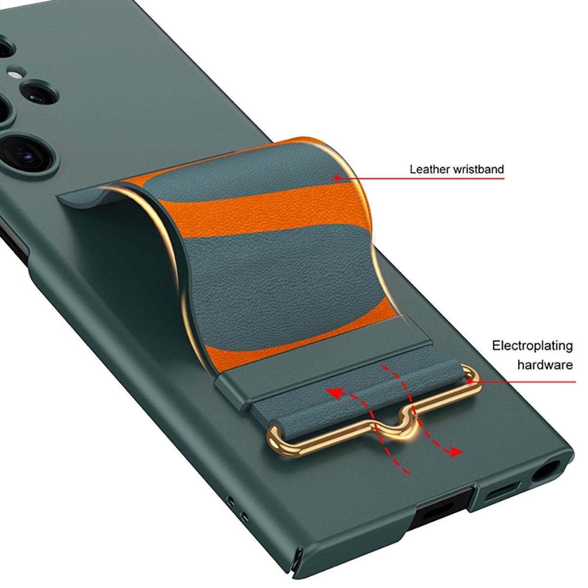 Primer plano de un teléfono con funda verde y pulsera naranja y azul.