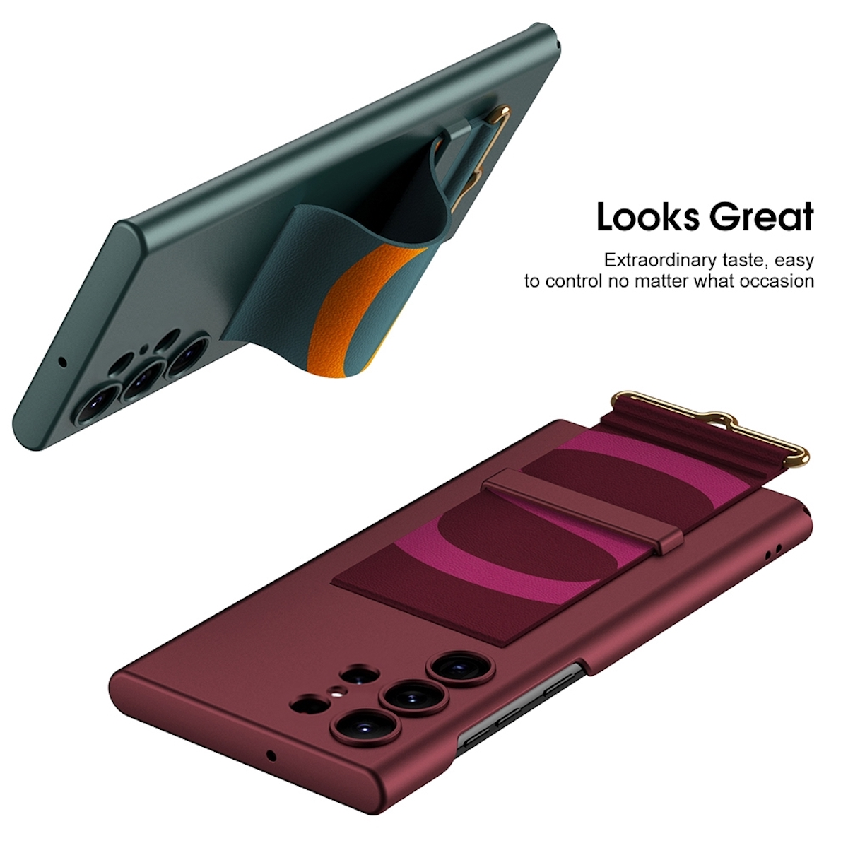Dos teléfonos con fundas. Uno es verde con una correa naranja, el otro es rojo con una correa morada.