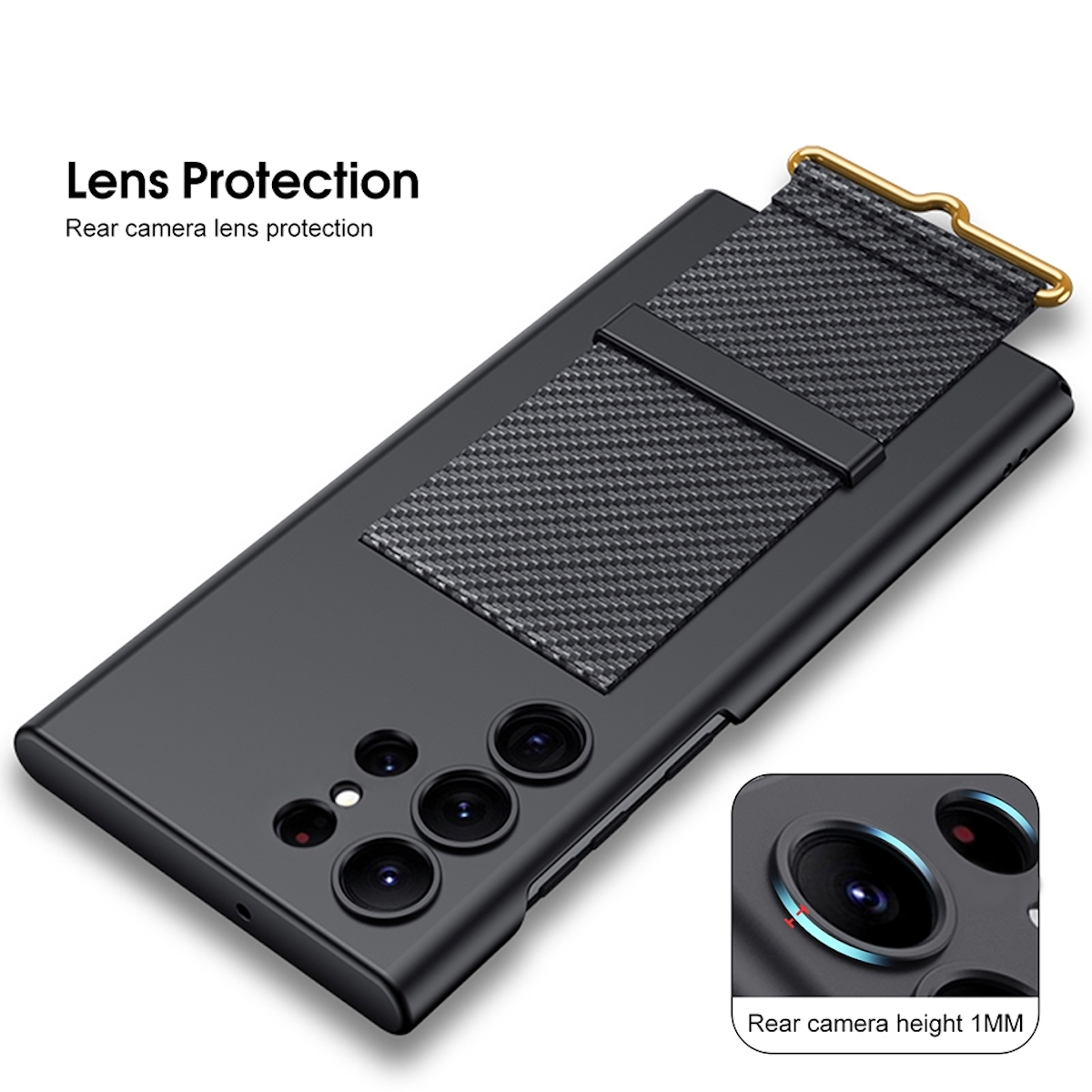 Funda negra para teléfono con correa de tela y tres lentes de cámara.