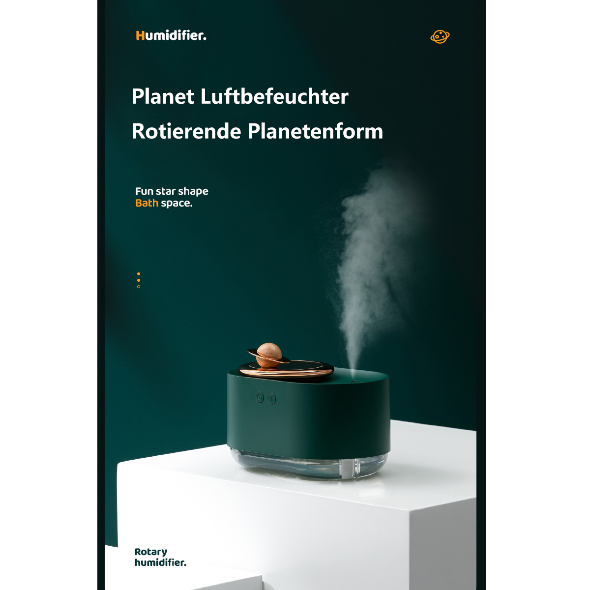 Ein grüner Luftbefeuchter auf weißer Oberfläche, mit Text und Planetenillustration.