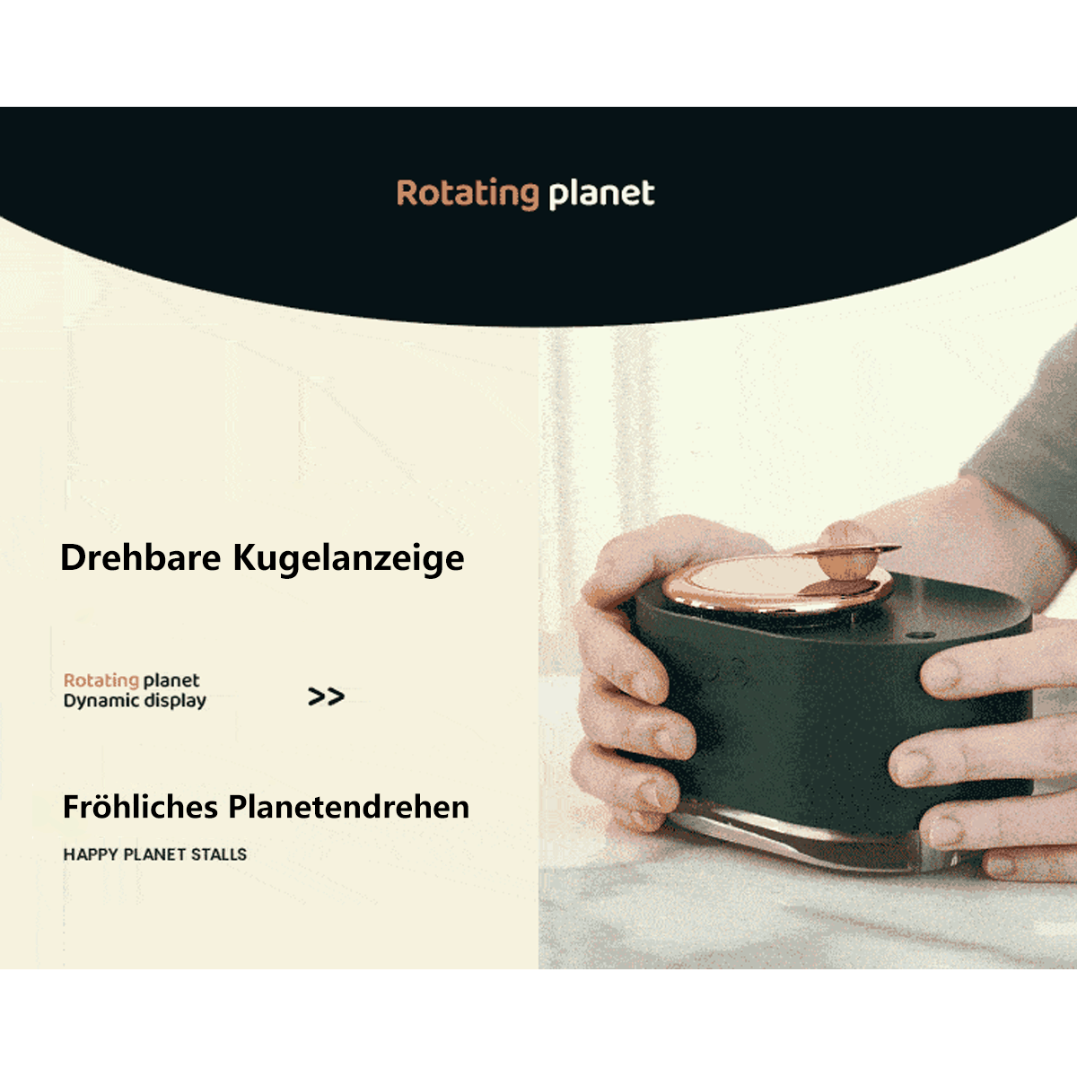 Eine Person benutzt eine rotierende Planetenanzeige. Die Anzeige ist schwarz mit goldenen Akzenten. Text und Grafiken vorhanden.