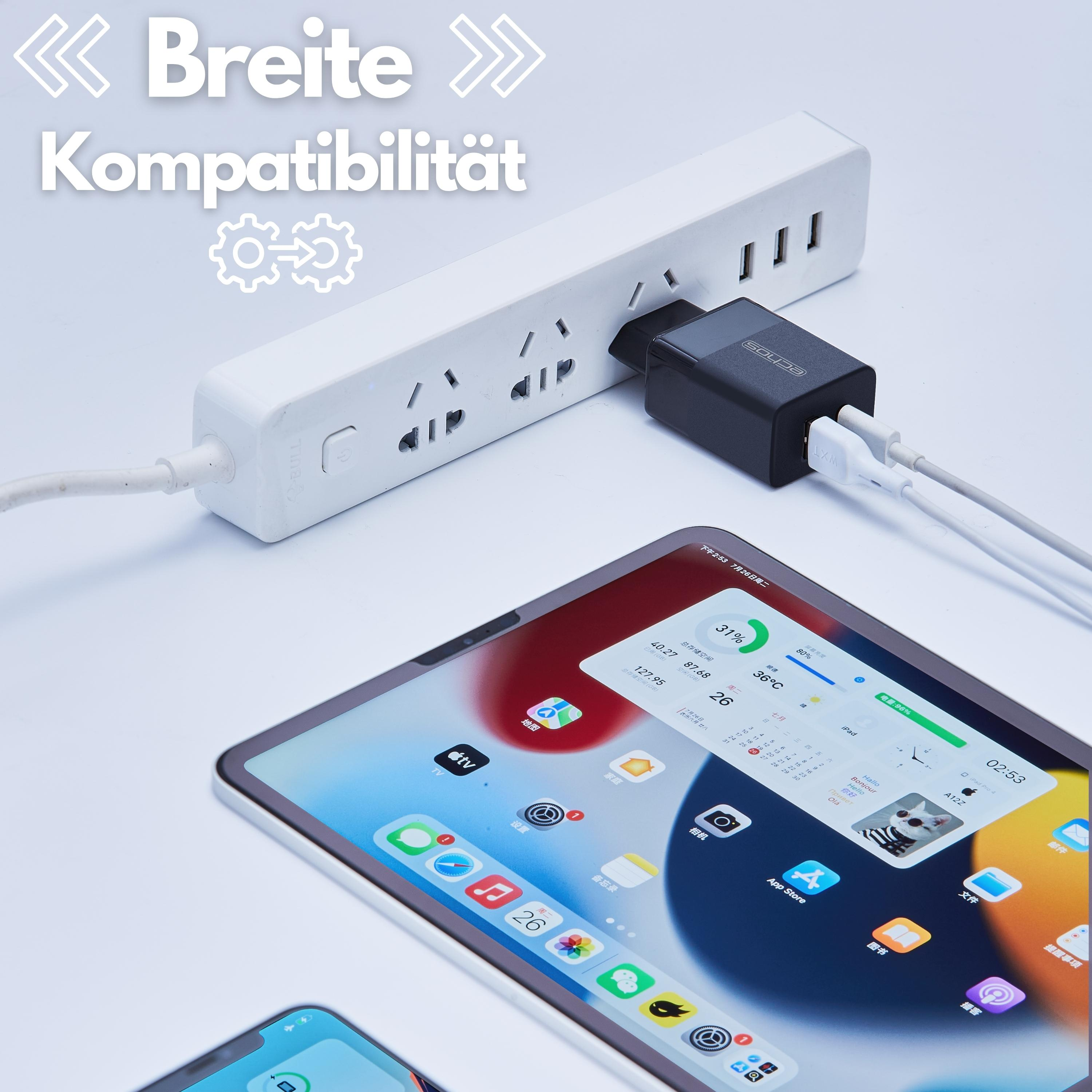 Weiße Steckdosenleiste mit eingesteckten Geräten. Tablet und Telefon im Vordergrund, Text oben.