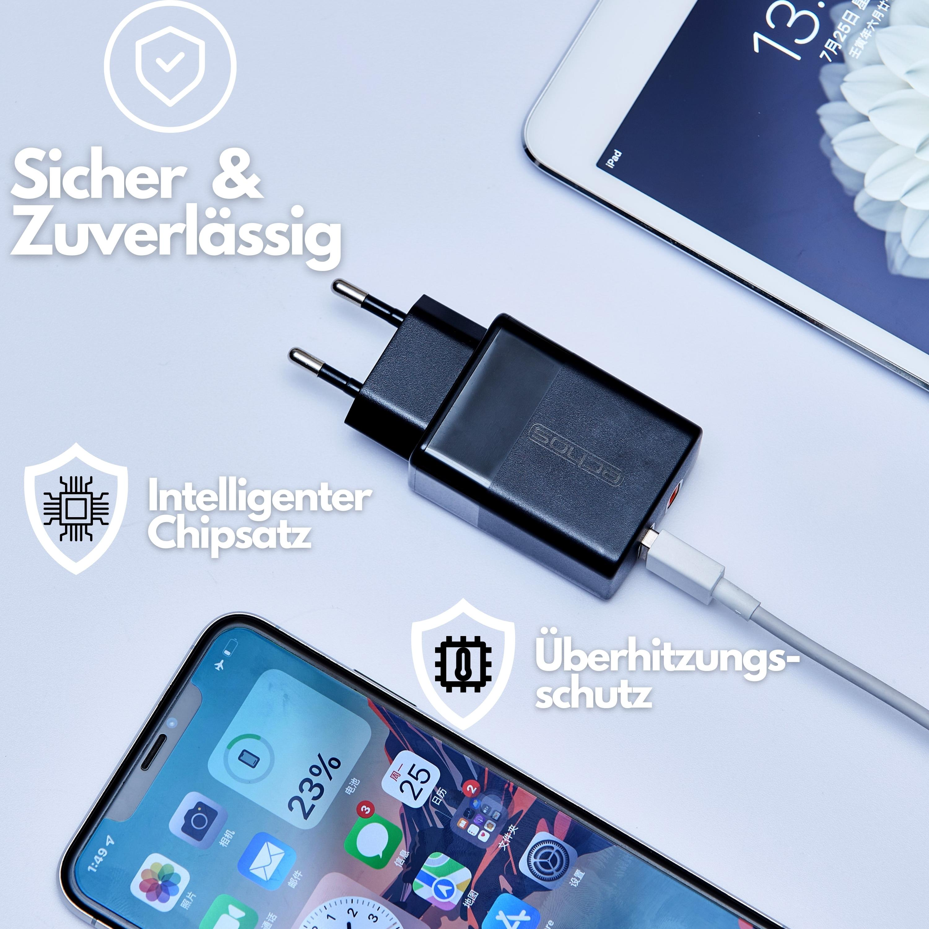 Ein schwarzes Ladegerät ist an ein Telefon und ein Tablet angeschlossen. Symbole und Text sind auf dem Bild.