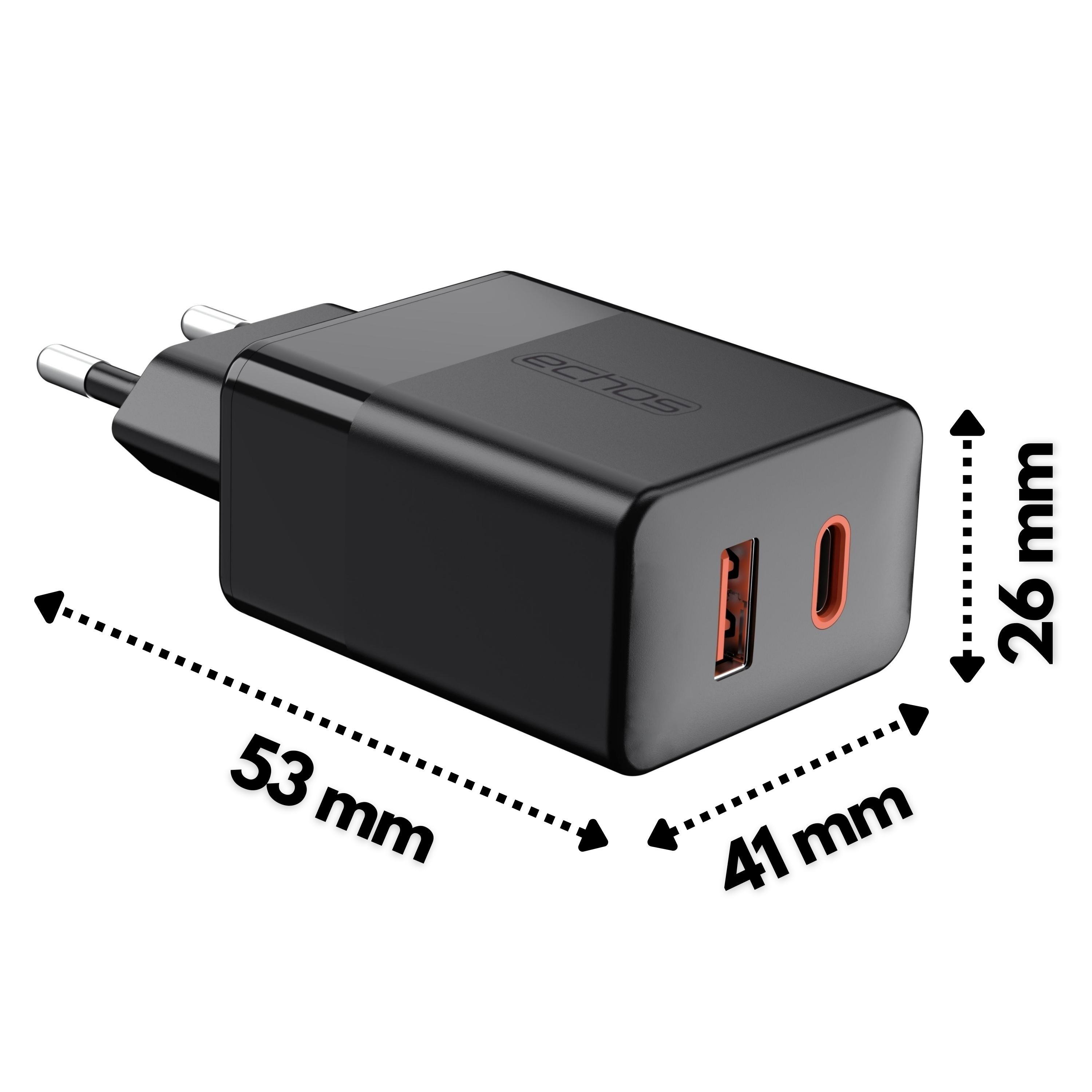 Schwarzes Ladegerät mit zwei USB-Anschlüssen und angegebenen Abmessungen.