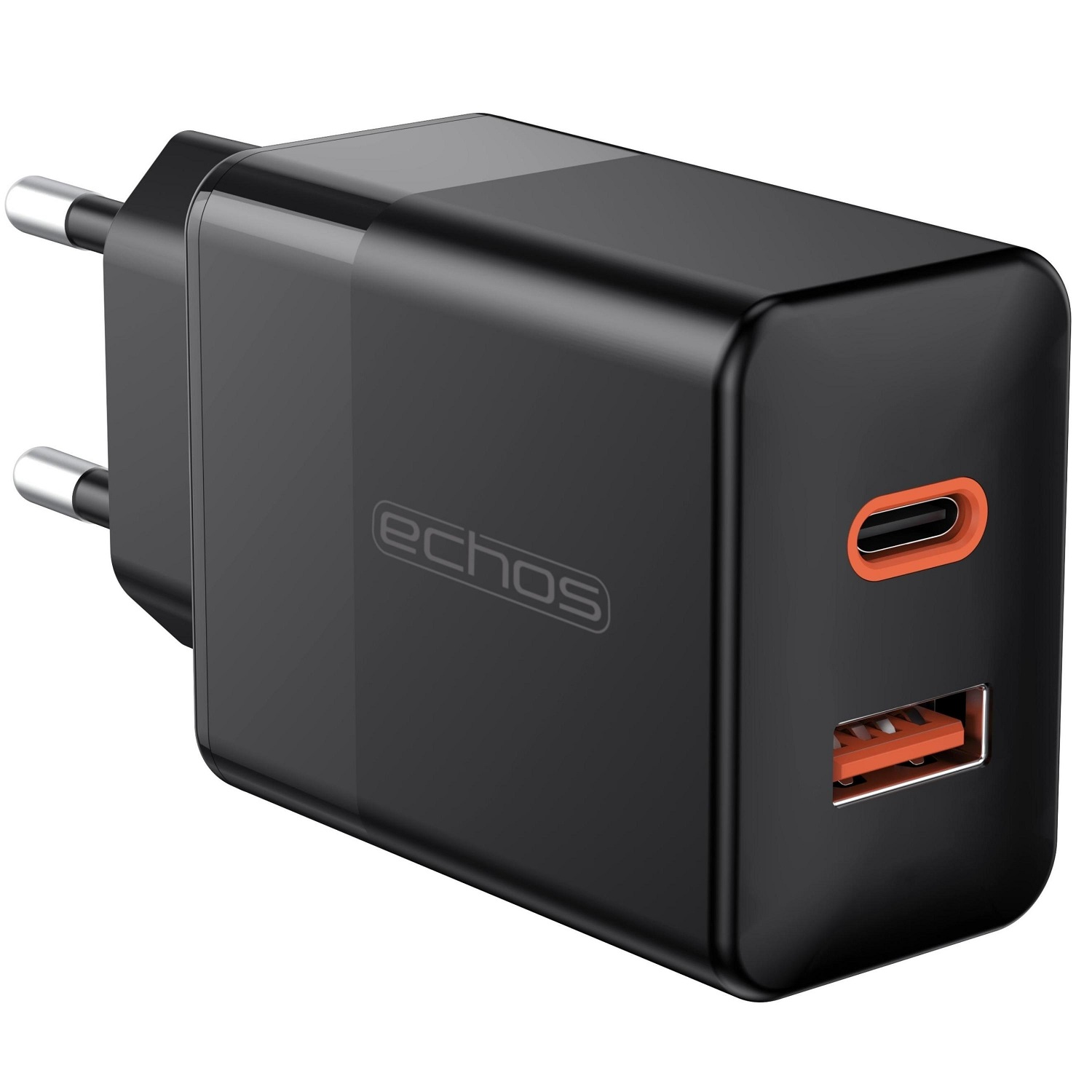 Schwarzes Wandladegerät mit zwei Anschlüssen: einem USB- und einem USB-C-Anschluss. Markenname 'echos'.