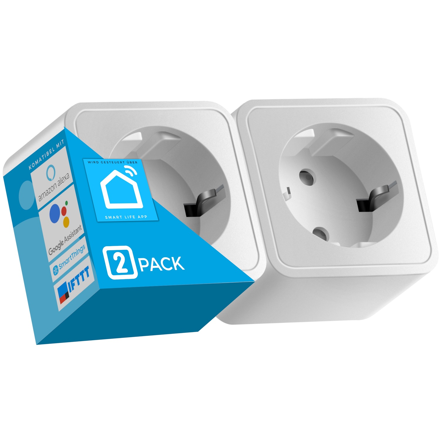 Weiße intelligente Stecker mit blau-weißer Verpackung. Die Verpackung hat Logos.