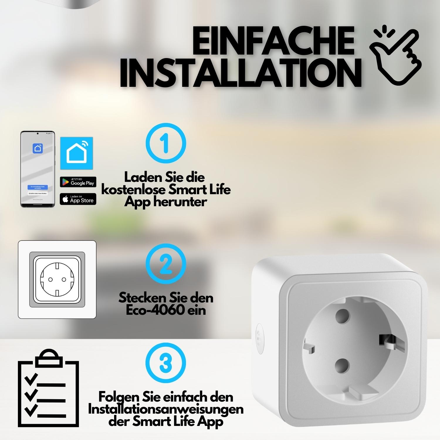 Anweisungen zur Installation eines Smart-Steckers. Text: 1. App herunterladen, 2. Einstecken, 3. Anweisungen folgen.