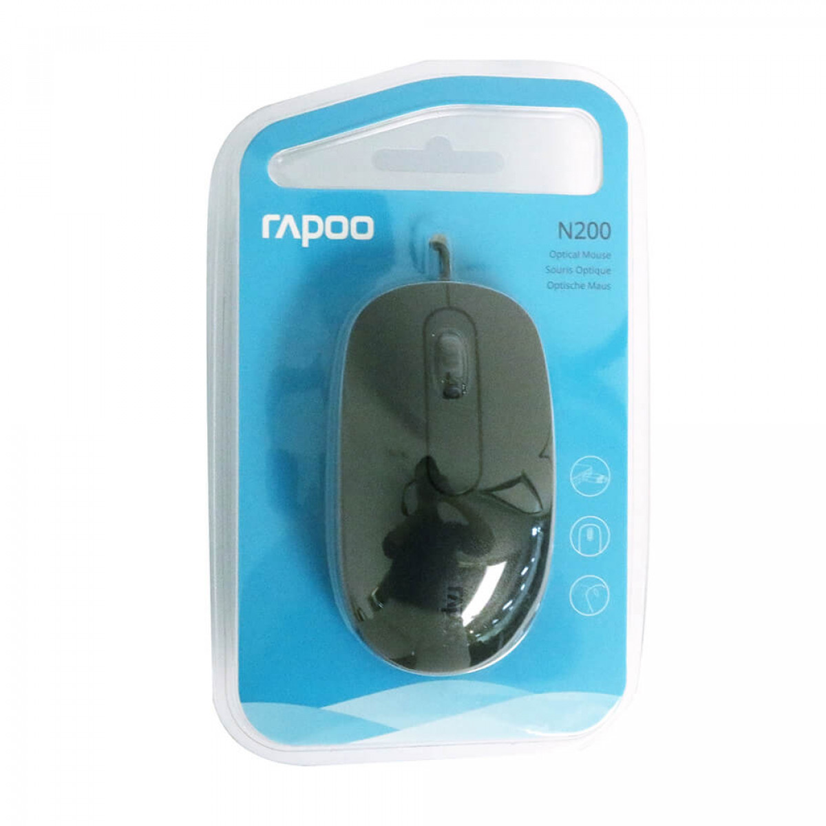 Un ratón óptico Rapoo N200 negro en un blíster azul. El ratón es de color gris oscuro.
