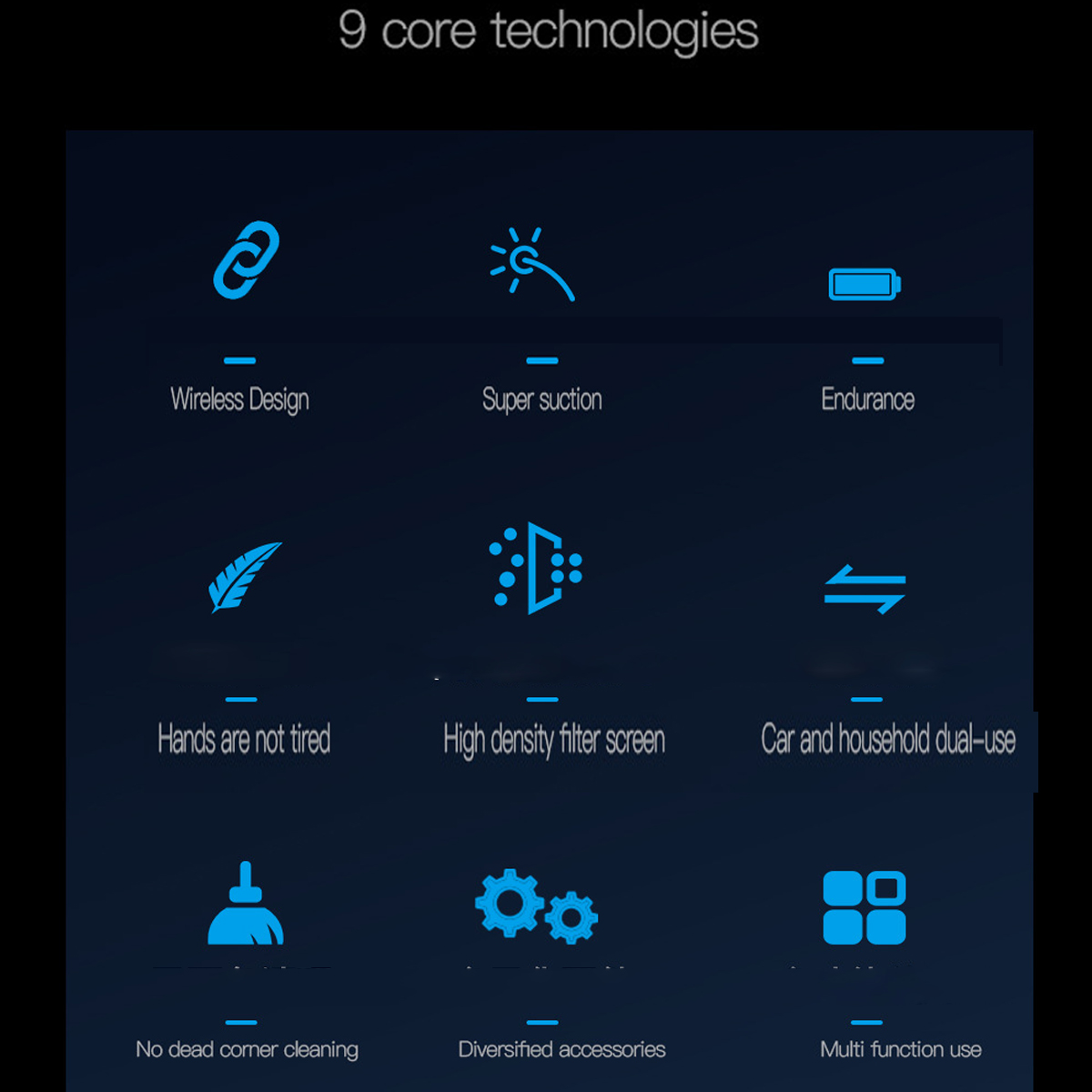 Neun Symbole auf dunklem Hintergrund, die Technologien wie Wireless-Design und Zubehör darstellen.