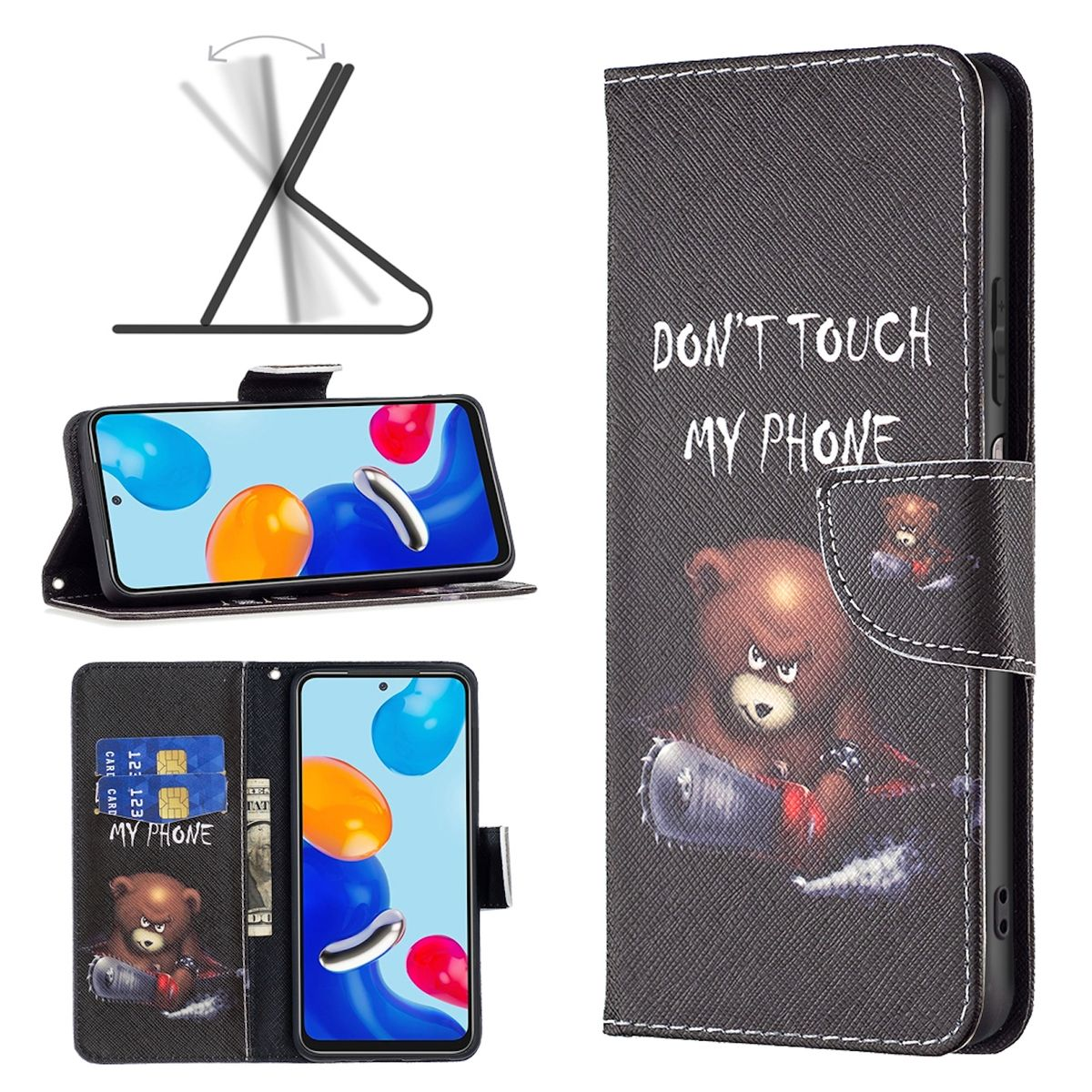 WIGENTO Design Motiv 12S Schwarz mit Muster Xiaomi, Bookcover, Druck mit Redmi 4G, Note Tasche Fächern, Kreditkarten Schutz