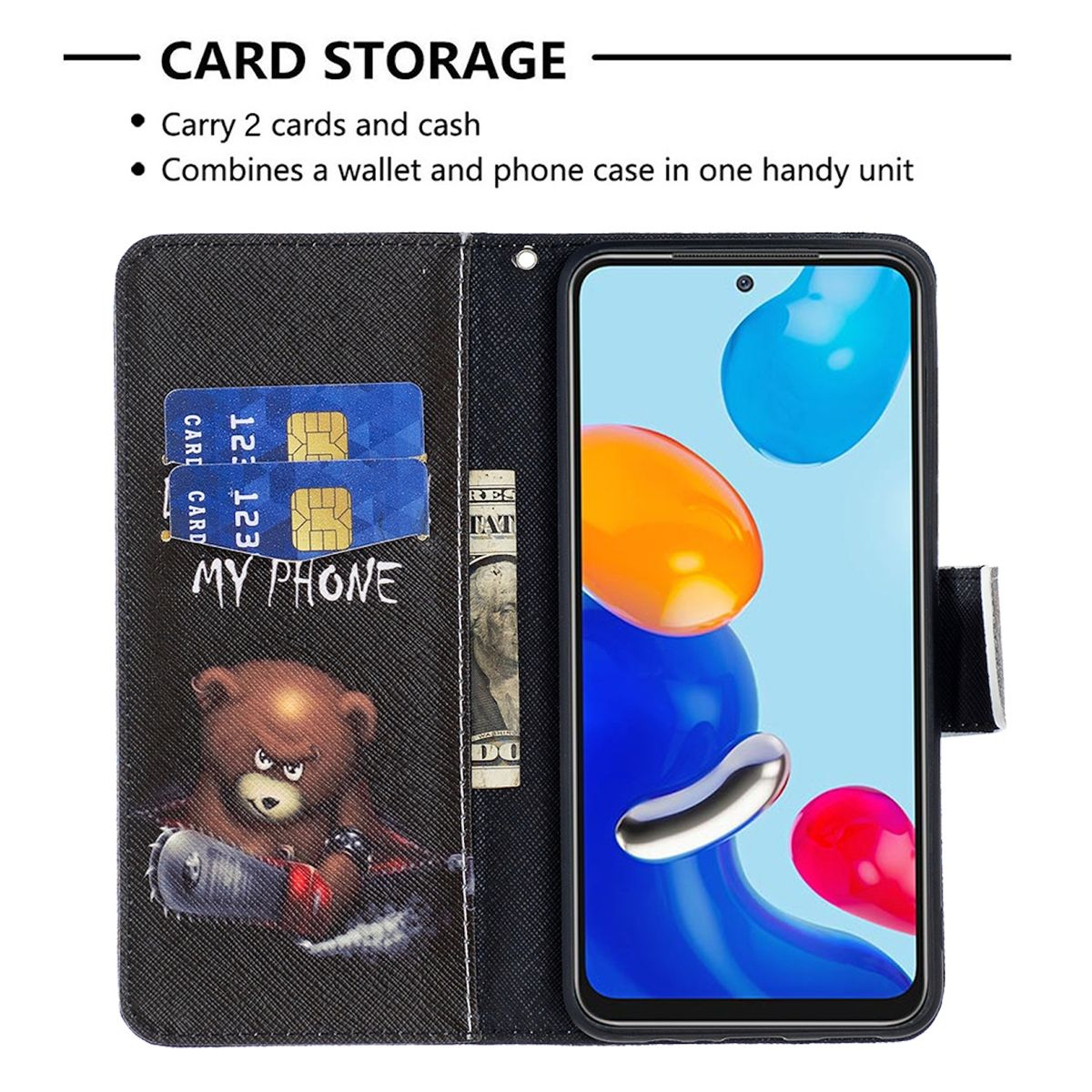 Note Xiaomi, 12S Tasche Redmi mit Muster Fächern, Schwarz Schutz Kreditkarten Druck Design Bookcover, Motiv 4G, mit WIGENTO