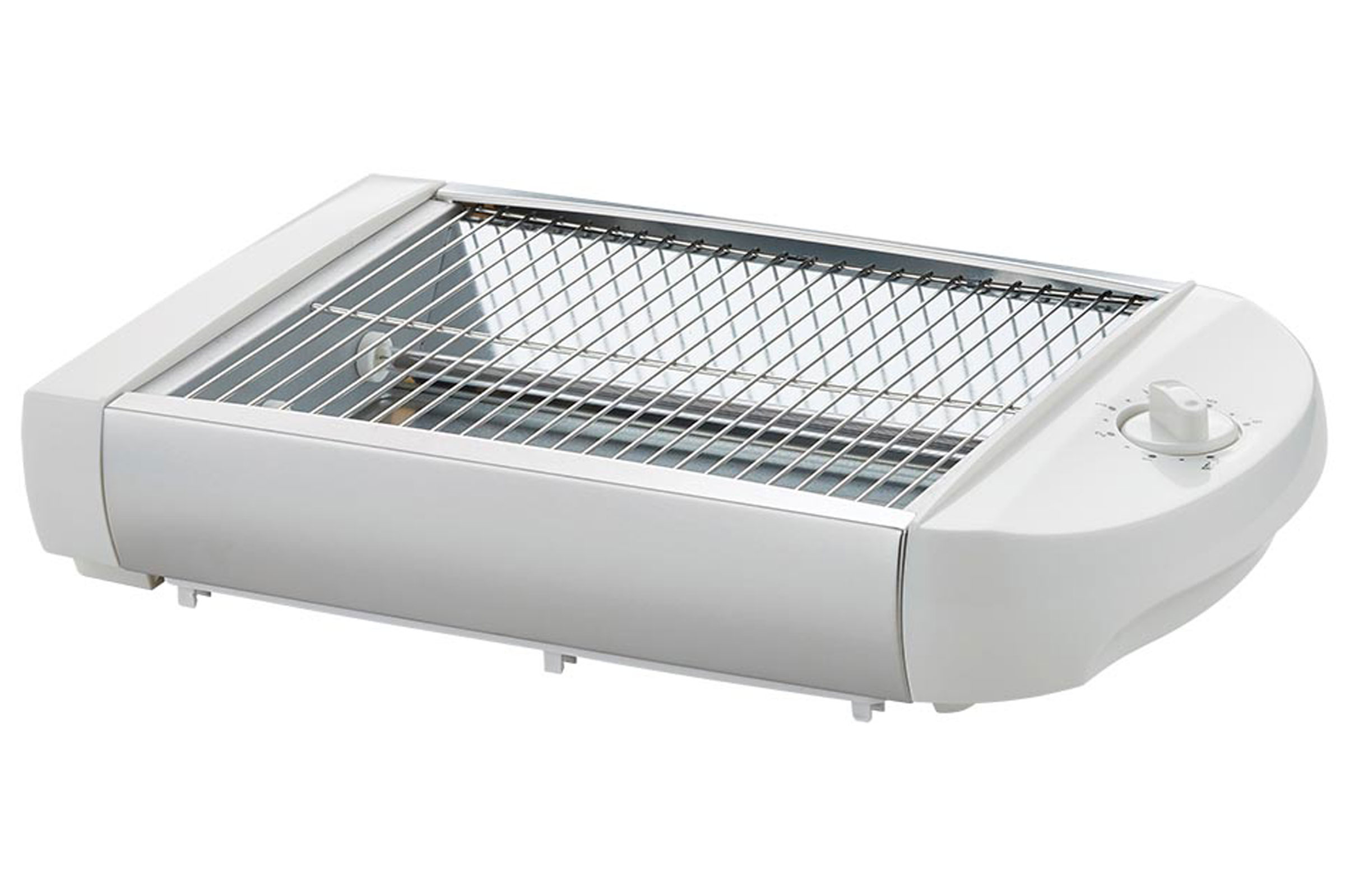 Weißer Grill mit Metallrost und einem Bedienknopf.