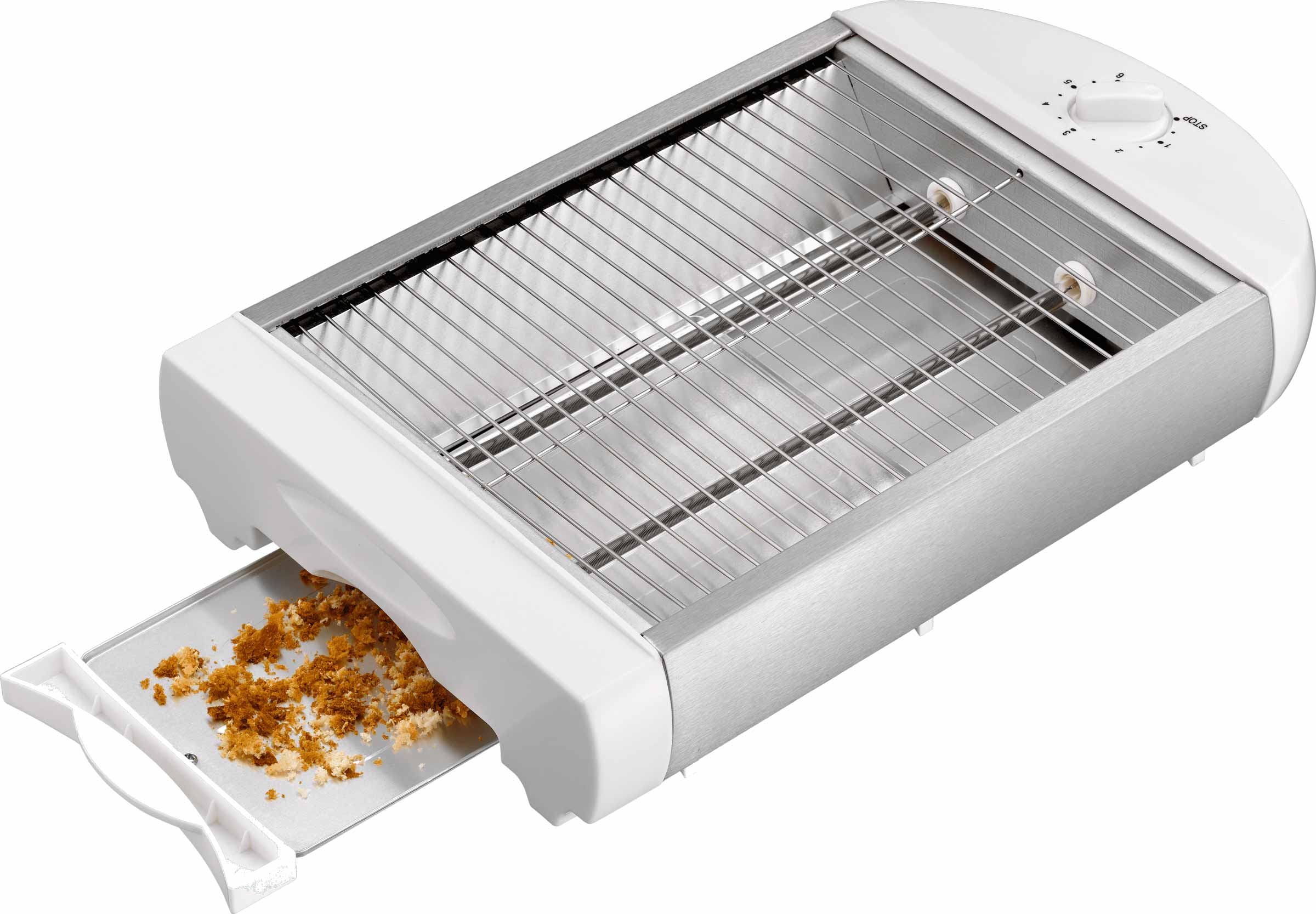 Ein weißer und silberner Toaster mit Krümelschublade.