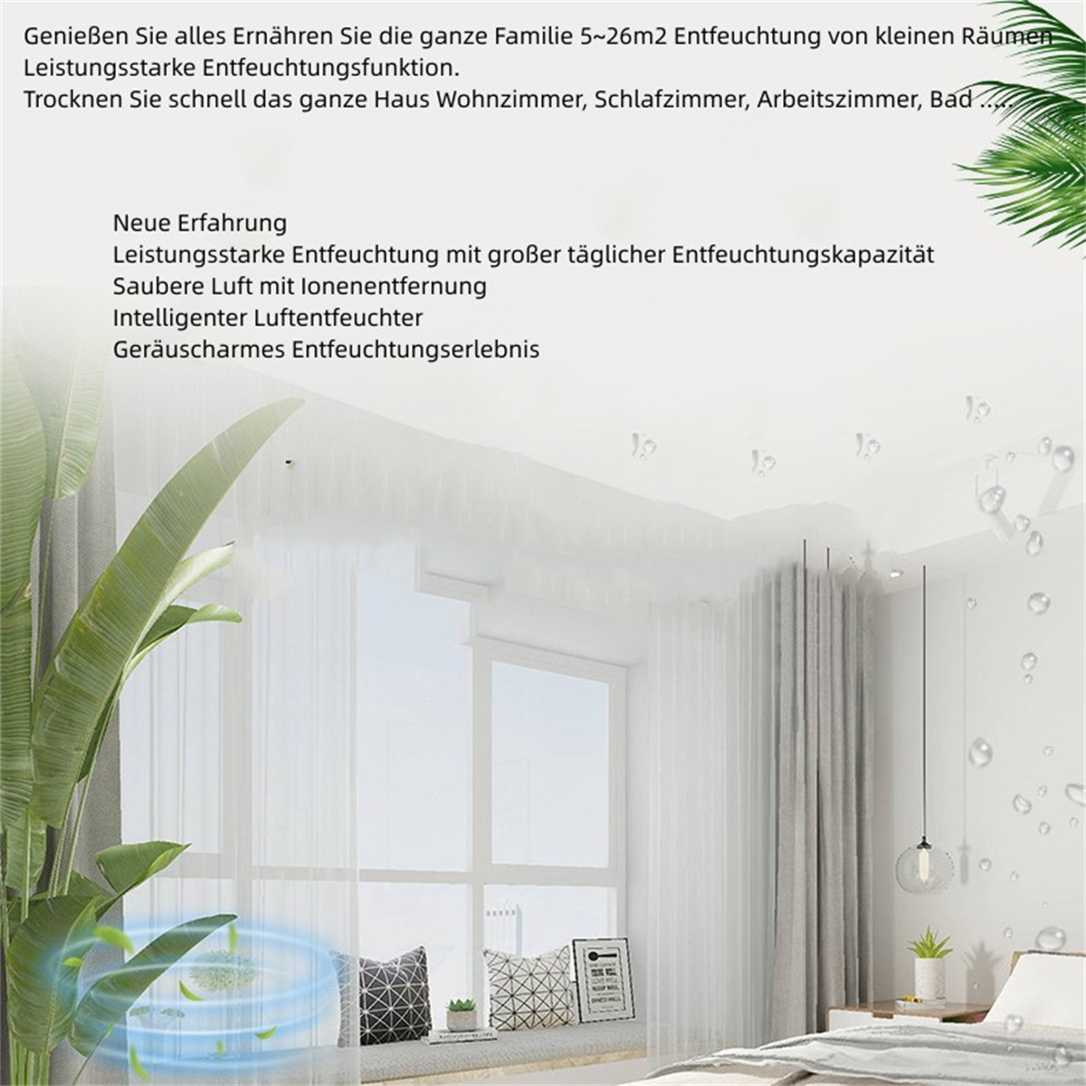 Zimmer mit Fenster, Vorhängen und Pflanzen. Text ist vorhanden, auf Deutsch, rund um die Szene.