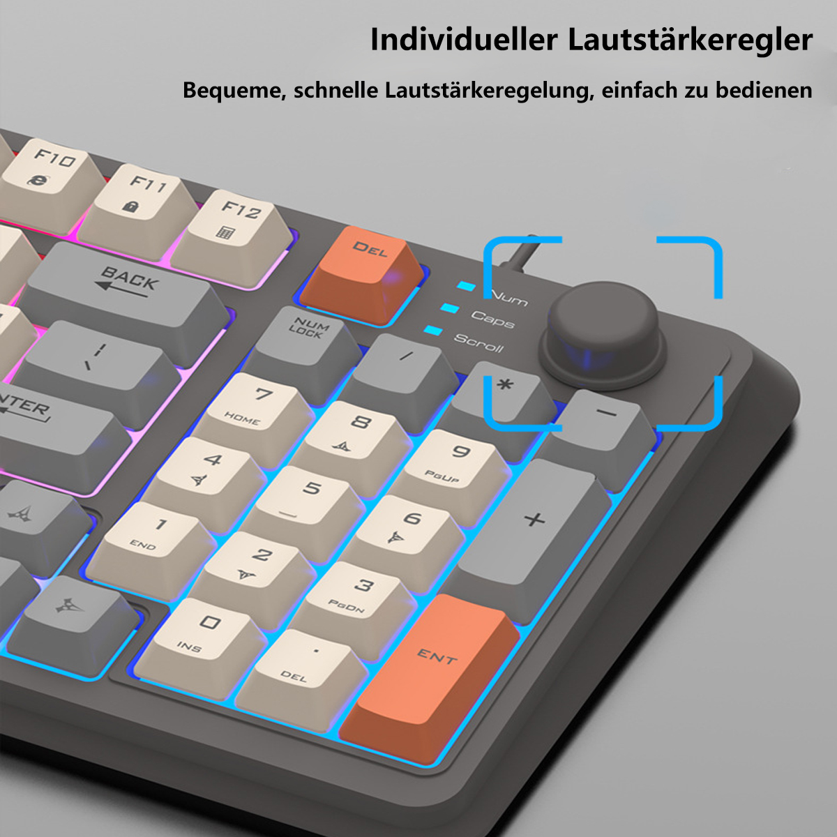 Eine Tastatur mit beleuchteten Tasten, einem Lautstärkeregler und einem Layout mit Zahlen- und Funktionstasten.