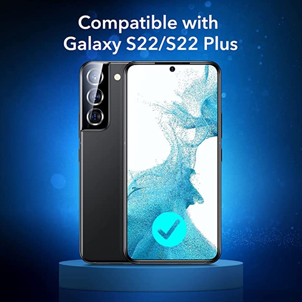 Telefono nero e telefono nero con schermo, supporto e sfondo blu, con testo 'Compatibile con Galaxy S22'.