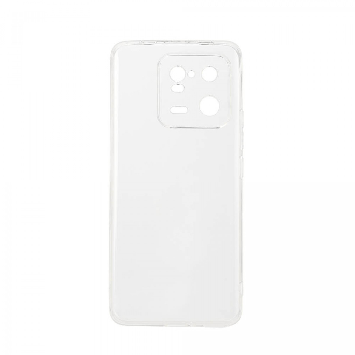 Transparente Handyhülle. Sie hat Aussparungen für Kamera und Knöpfe, passend für ein Telefon.