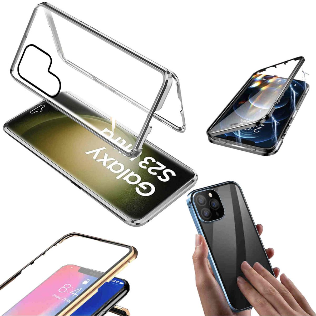 WIGENTO 360 Grad Magnet Cover, Samsung, Ultra, Galaxy Silber Glas S23 Hülle, Full