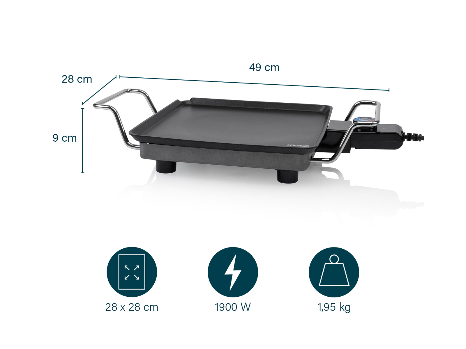 Elektrischer Grill mit Abmessungen und Symbolen, die Größe und Leistung anzeigen.