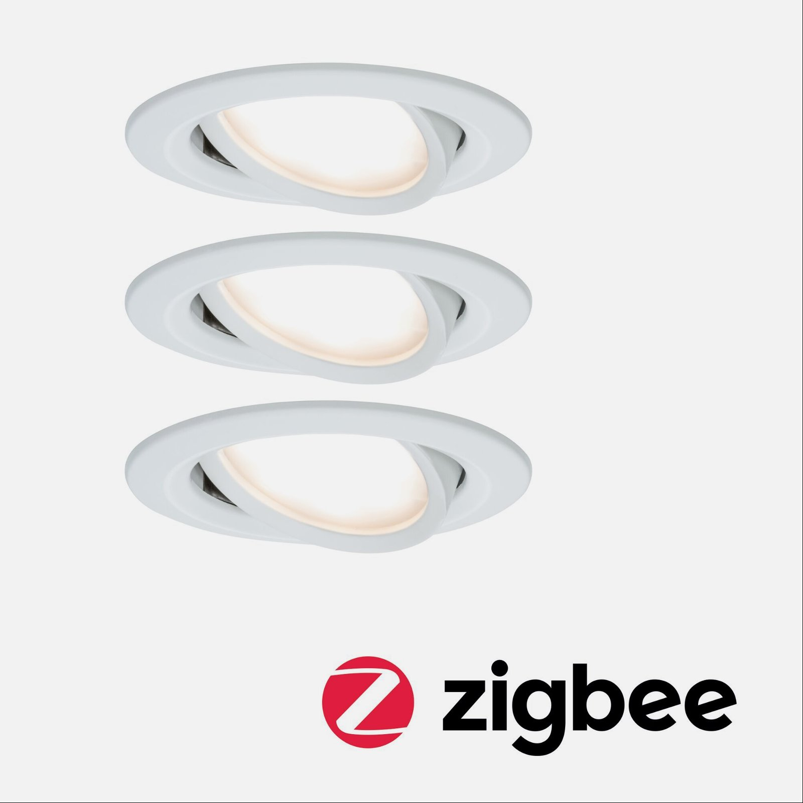 Trzy białe światła wpuszczane z ukośnym designem i logo Zigbee.
