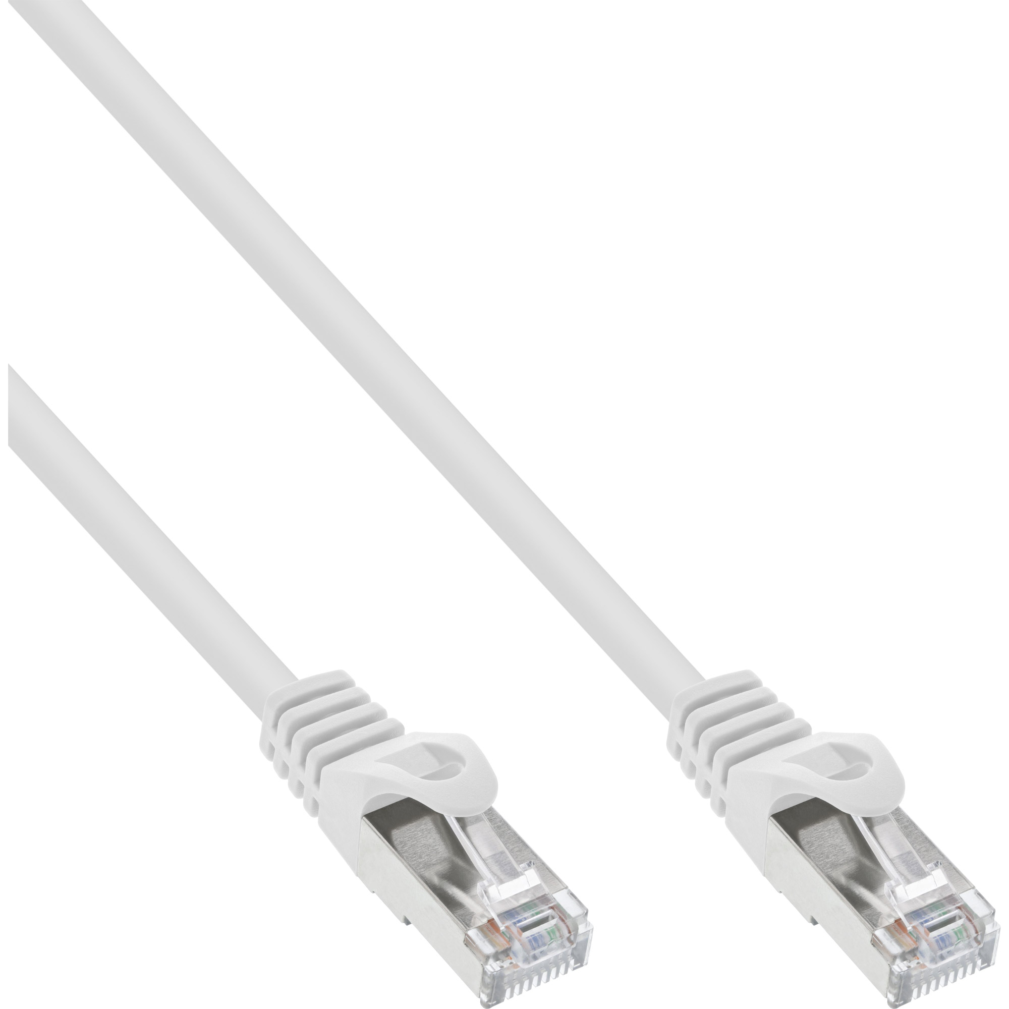 Witte Ethernet-kabel met connectoren. De kabel is wit en heeft zilveren connectoren.