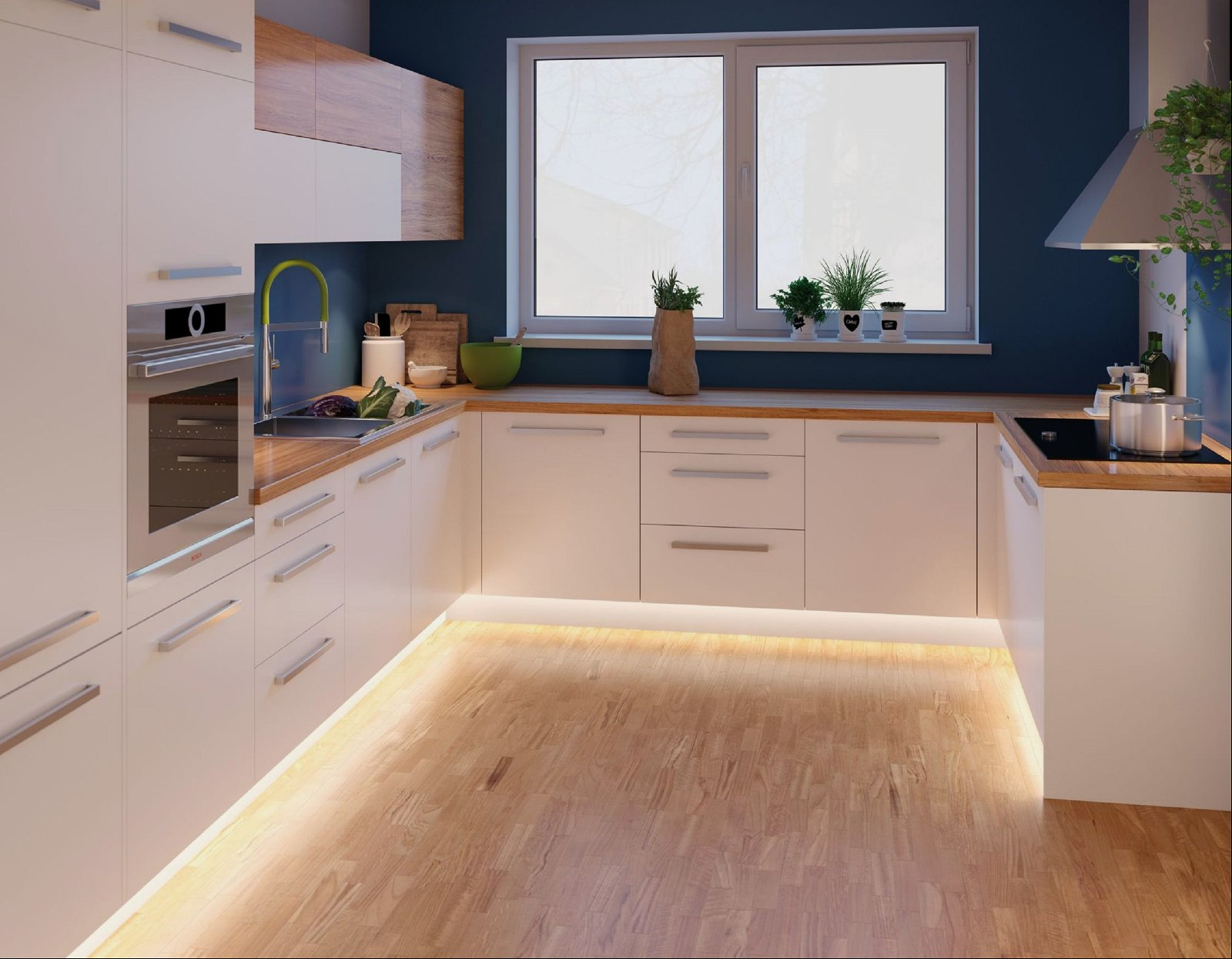 Nowoczesna biała kuchnia z drewnianymi blatami, białymi szafkami i oknem z roślinami.