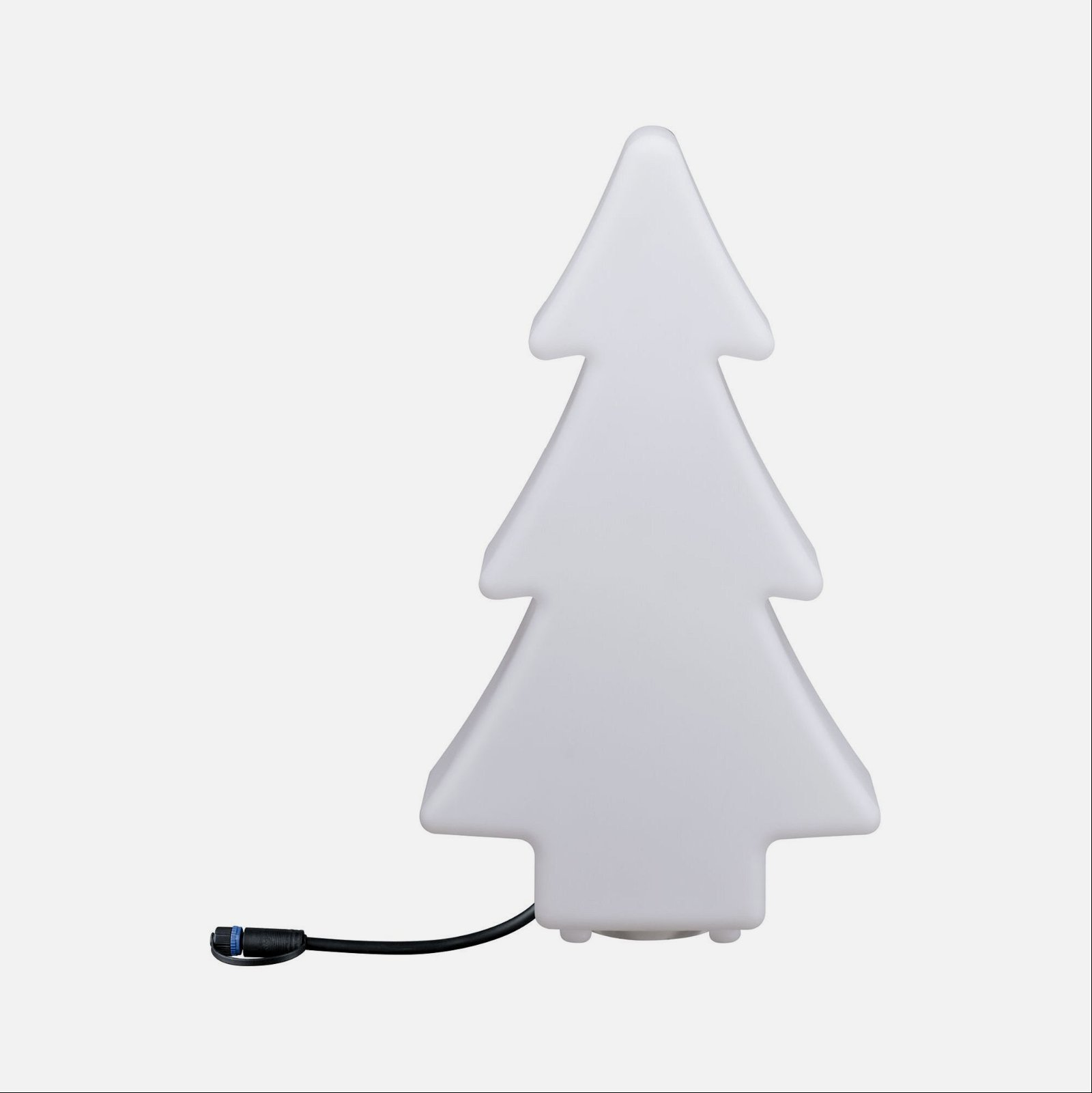 Biała lampa w kształcie choinki. Czarny kabel.