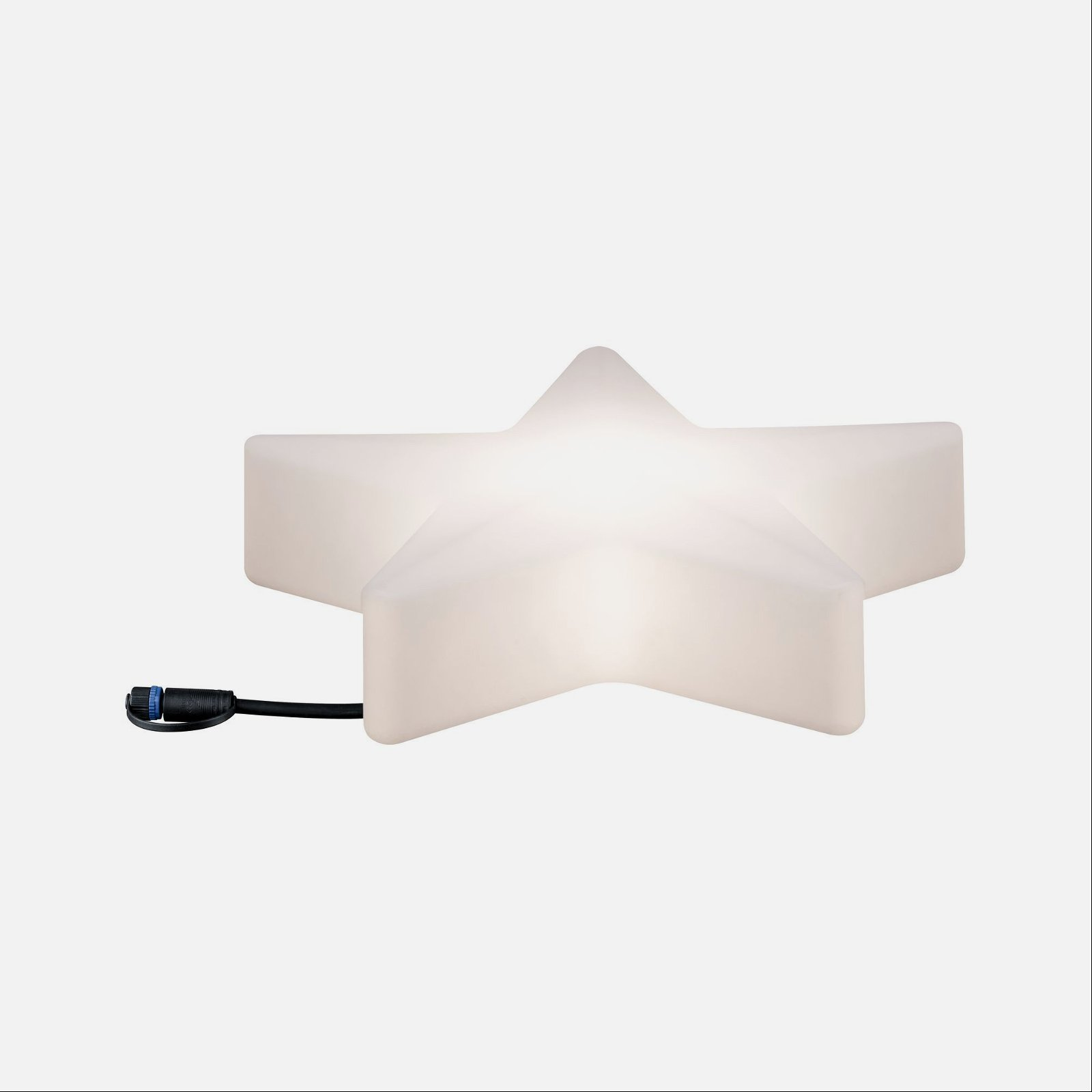 Białe światło w kształcie gwiazdy z czarnym przewodem zasilającym. Jest podświetlone na białym tle.