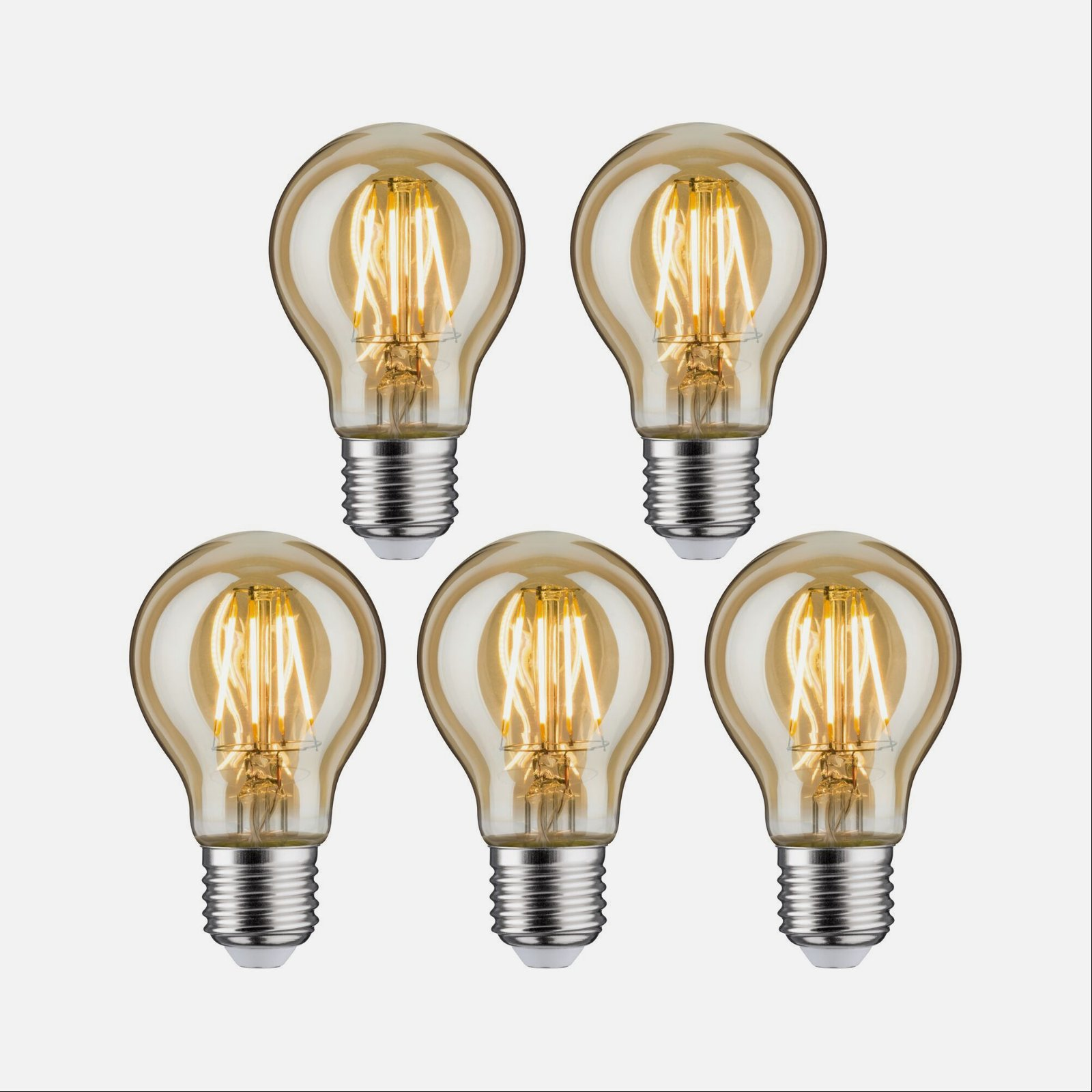 Pięć żarówek o ciepłym, żółtym blasku.