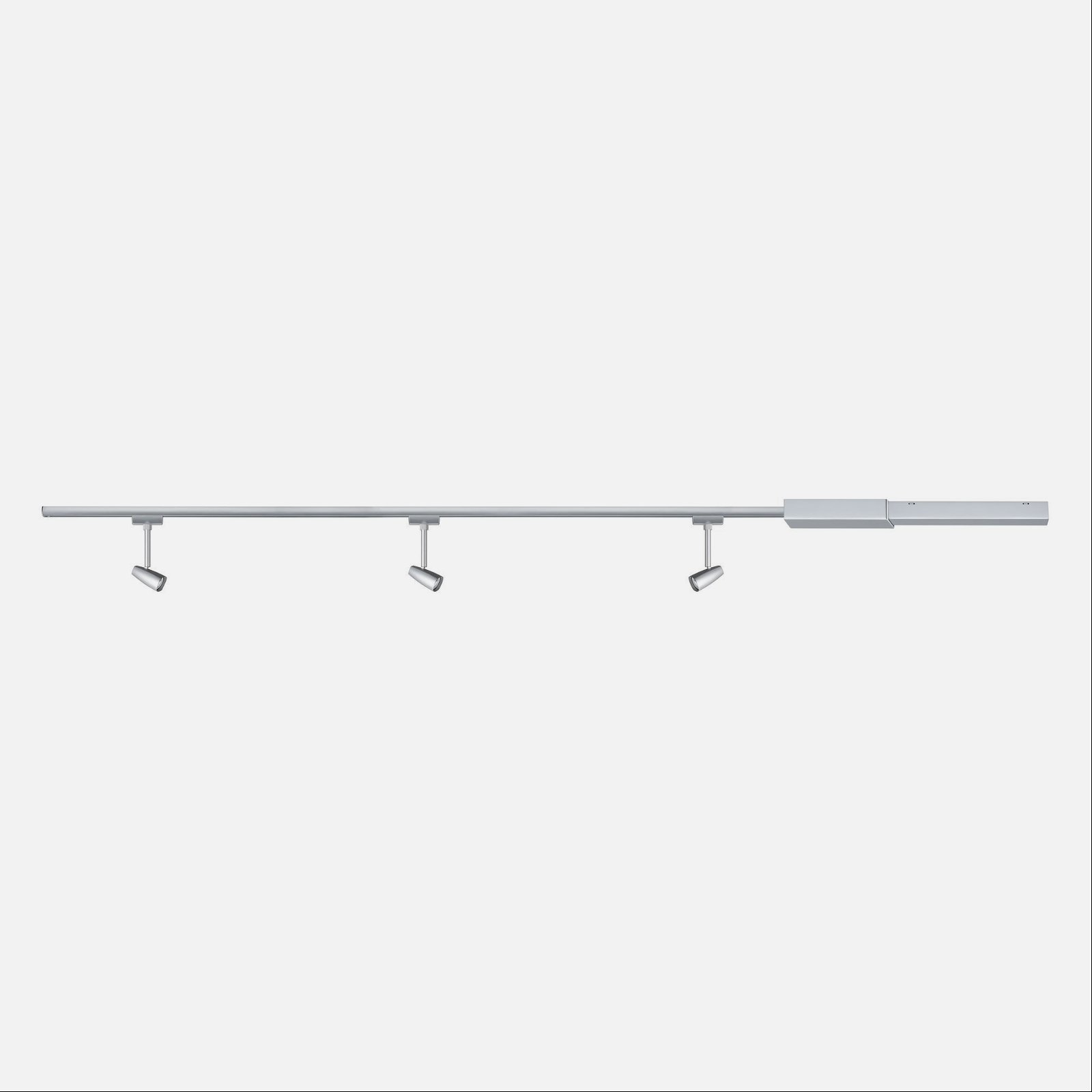 Liniowy system oświetlenia szynowego z trzema reflektorami.