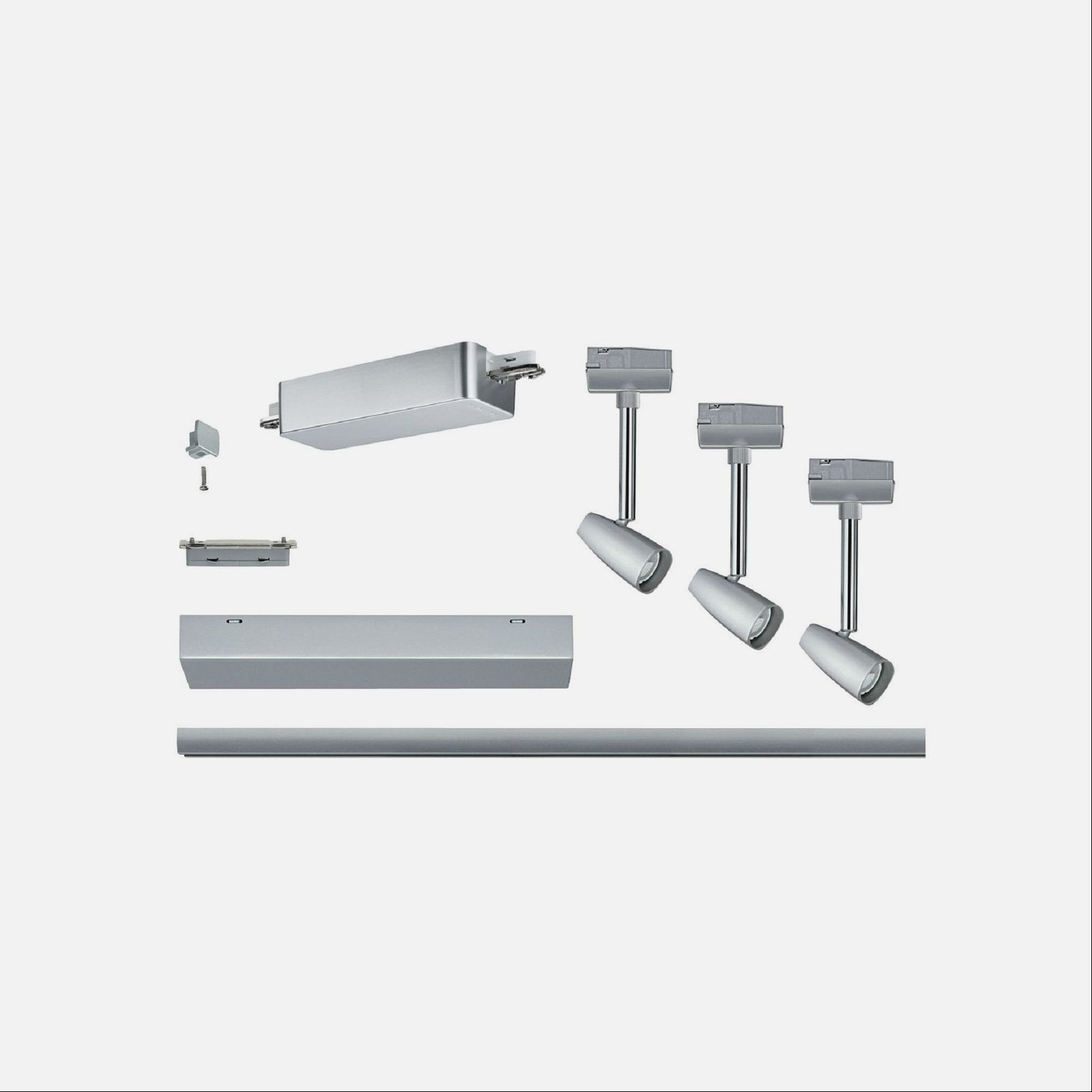 Nowoczesny system oświetlenia szynowego ze srebrnymi oprawami, różne elementy pokazane na białym tle.