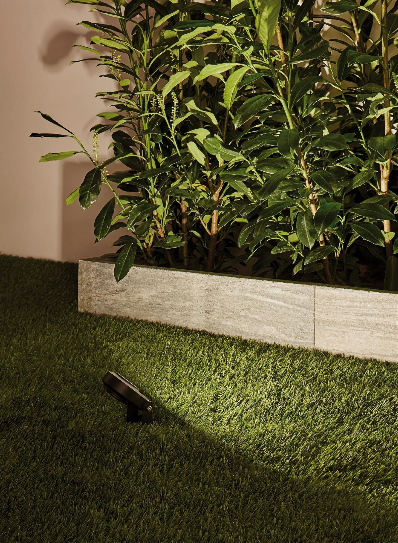 Zielona trawa z roślinami w donicy i czarnym reflektorem oświetlającym trawę.