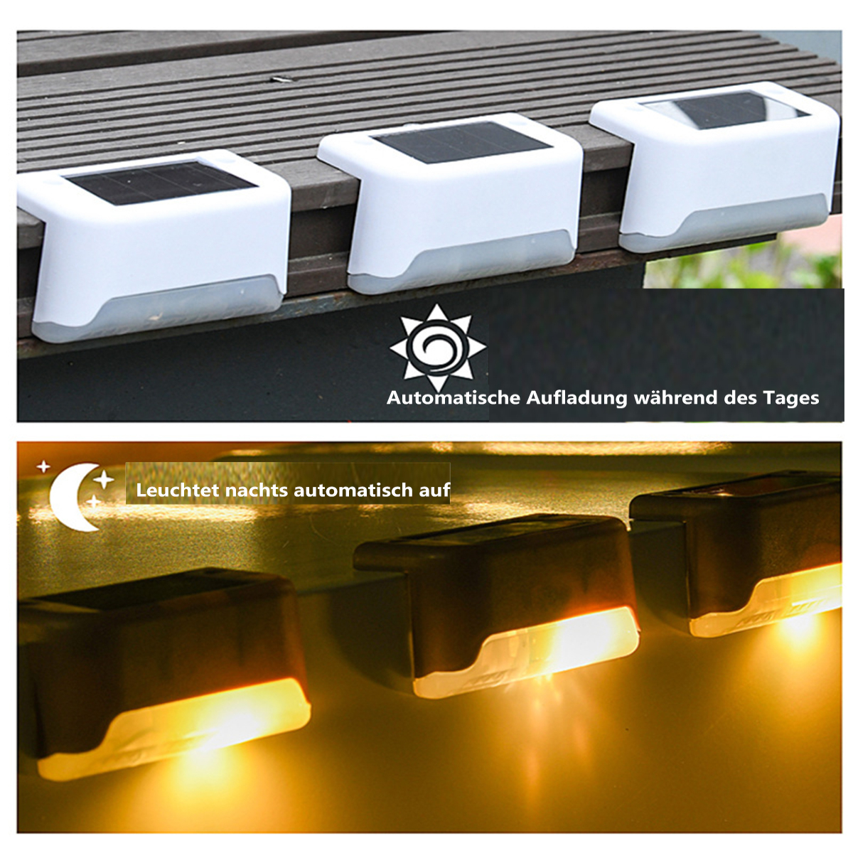 Solarbetriebene Lichter für eine Terrasse. Tagsüber an, nachts beleuchtet.