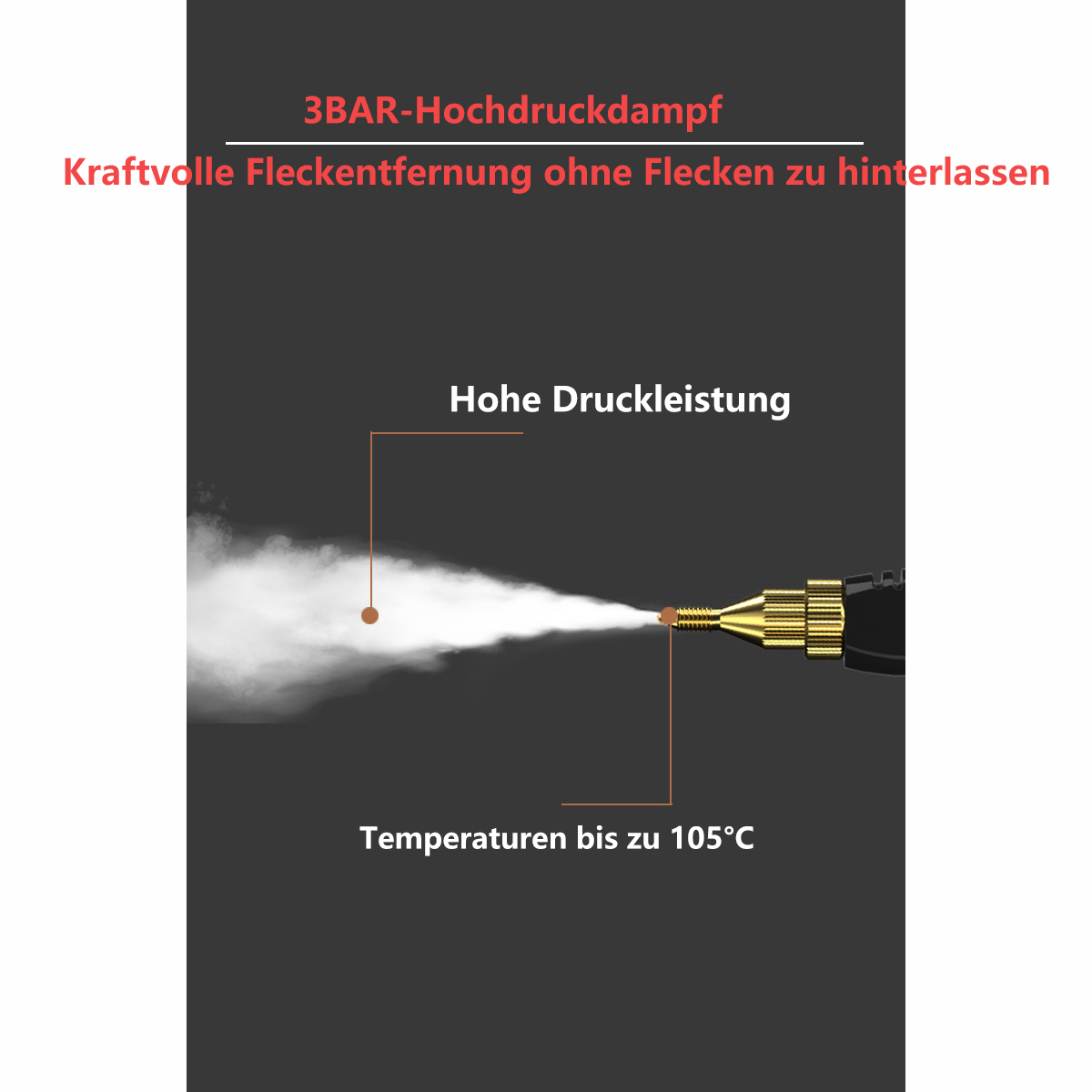 Nahaufnahme eines Dampfreinigungsgeräts mit Textdetails auf dunklem Hintergrund.
