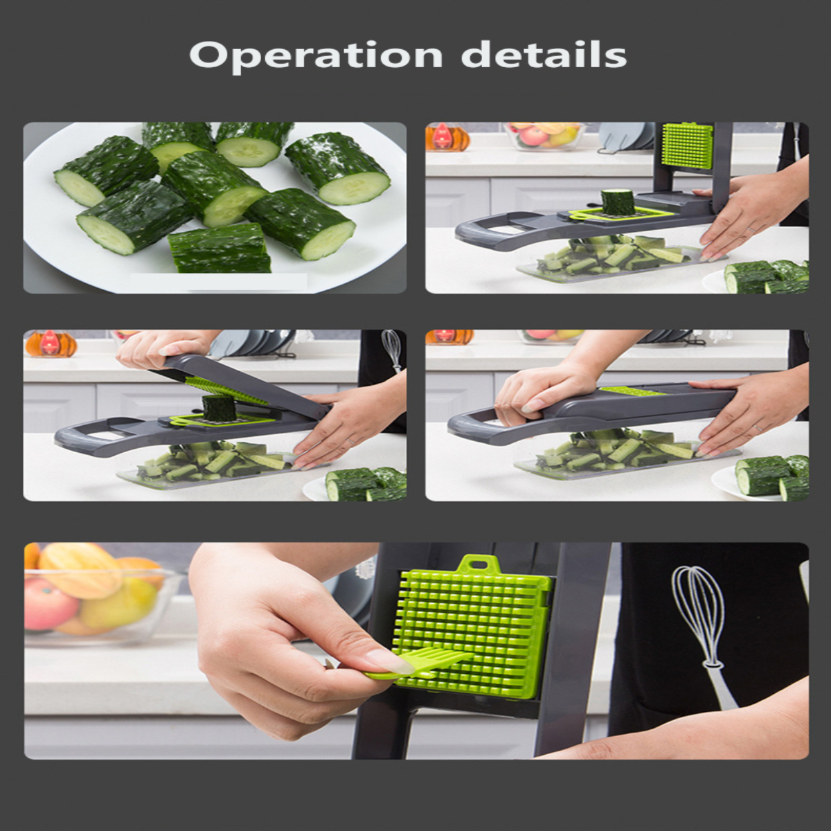 Primer plano mostrando rodajas de pepino cortadas con un cortador en varios pasos.