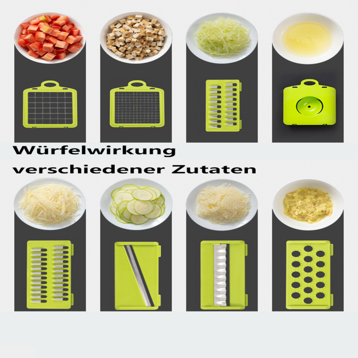 Un procesador de alimentos con varias cuchillas y verduras picadas en platos. Incluye herramientas verdes para cortar.