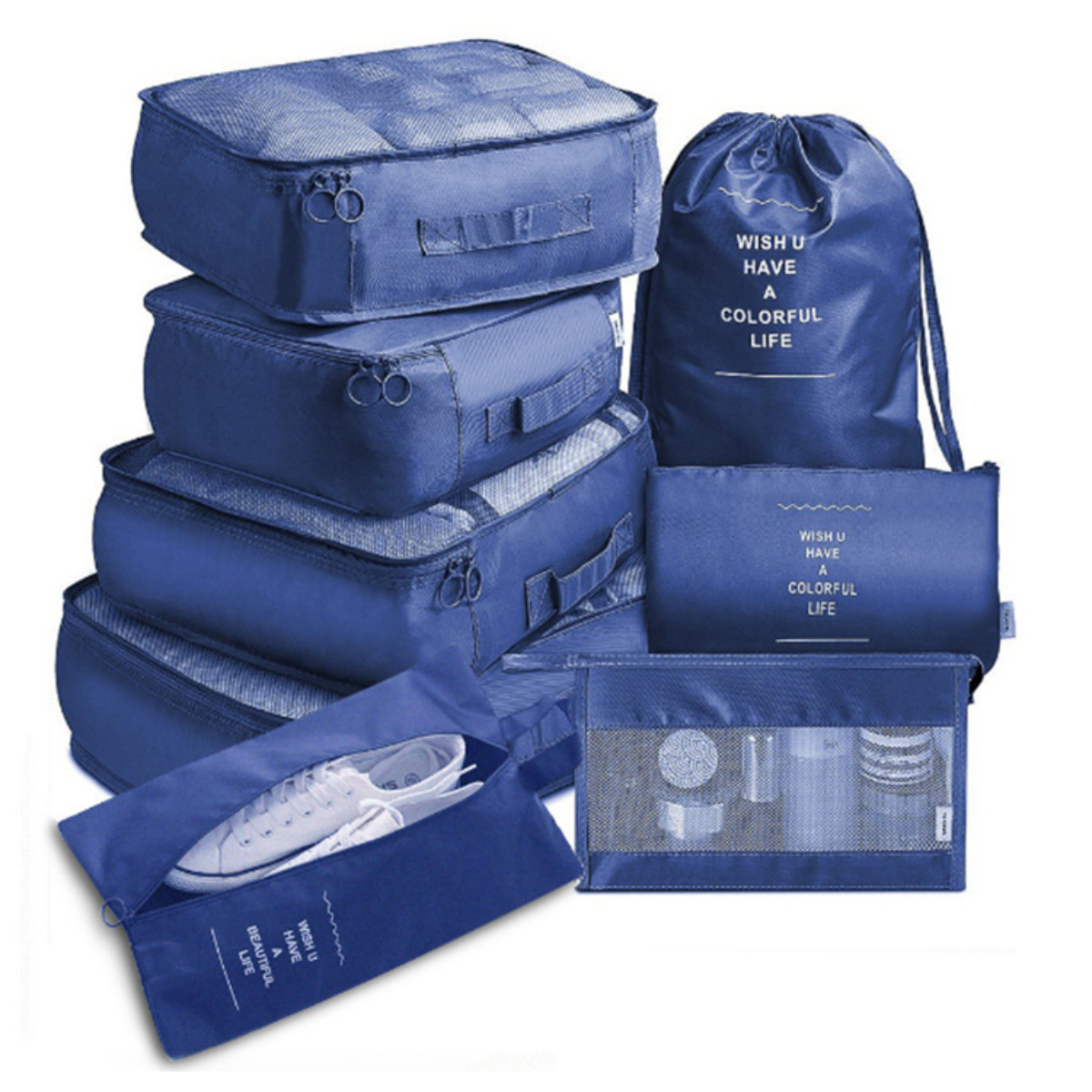 Set aus blauen Packwürfeln und einem Kordelzugbeutel. Verschiedene Größen, alle mit Reißverschlüssen.