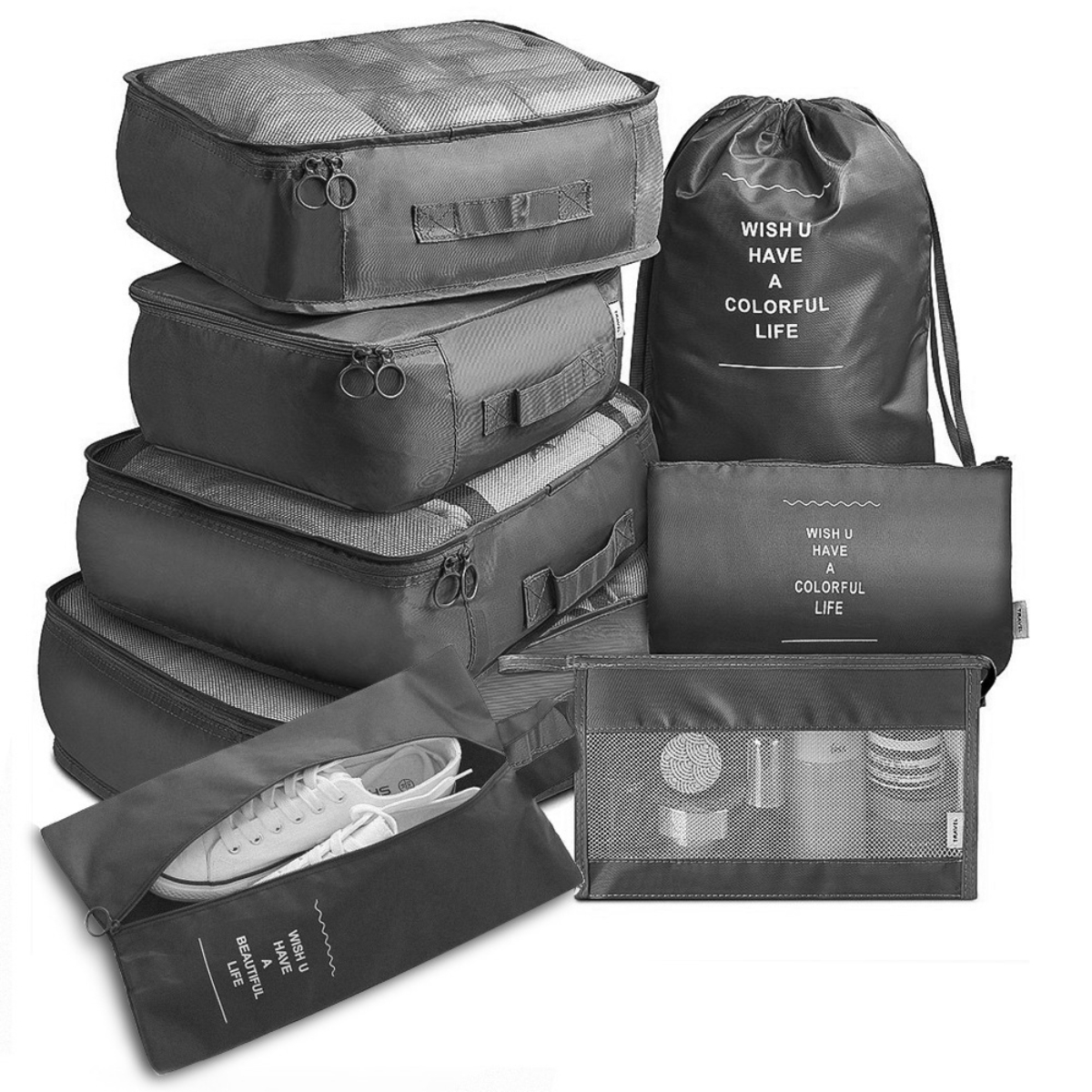 Set schwarzer Reise-Organisatoren in verschiedenen Formen und Größen.