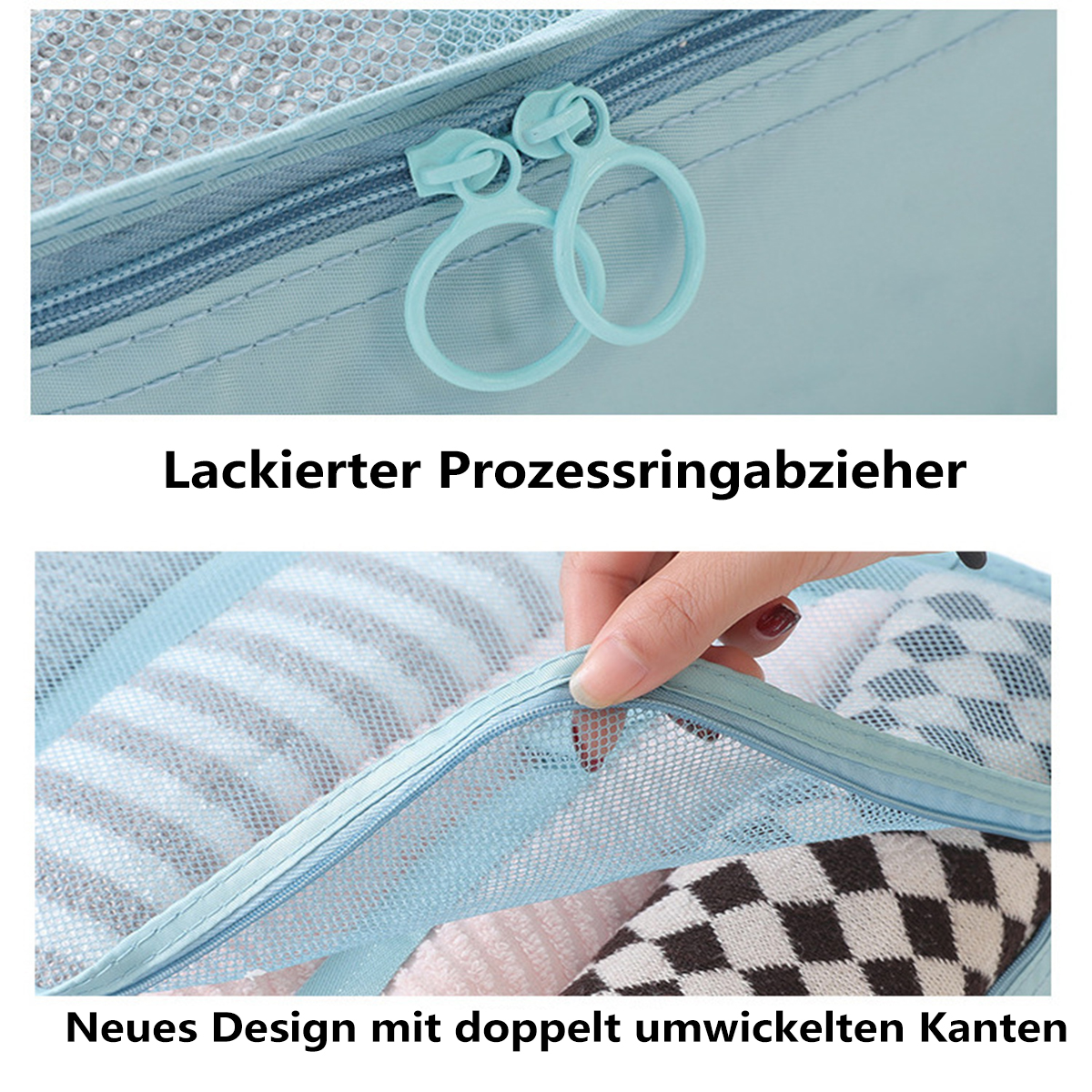 Nahaufnahme eines blauen Reisegepäckreißverschlusses mit Ringziehern und einem Netzinnenraum.