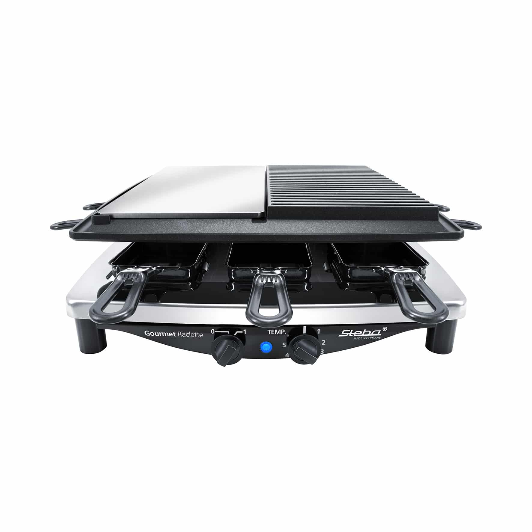 Griglia Gourmet Raclette con superfici in acciaio inox e nere.