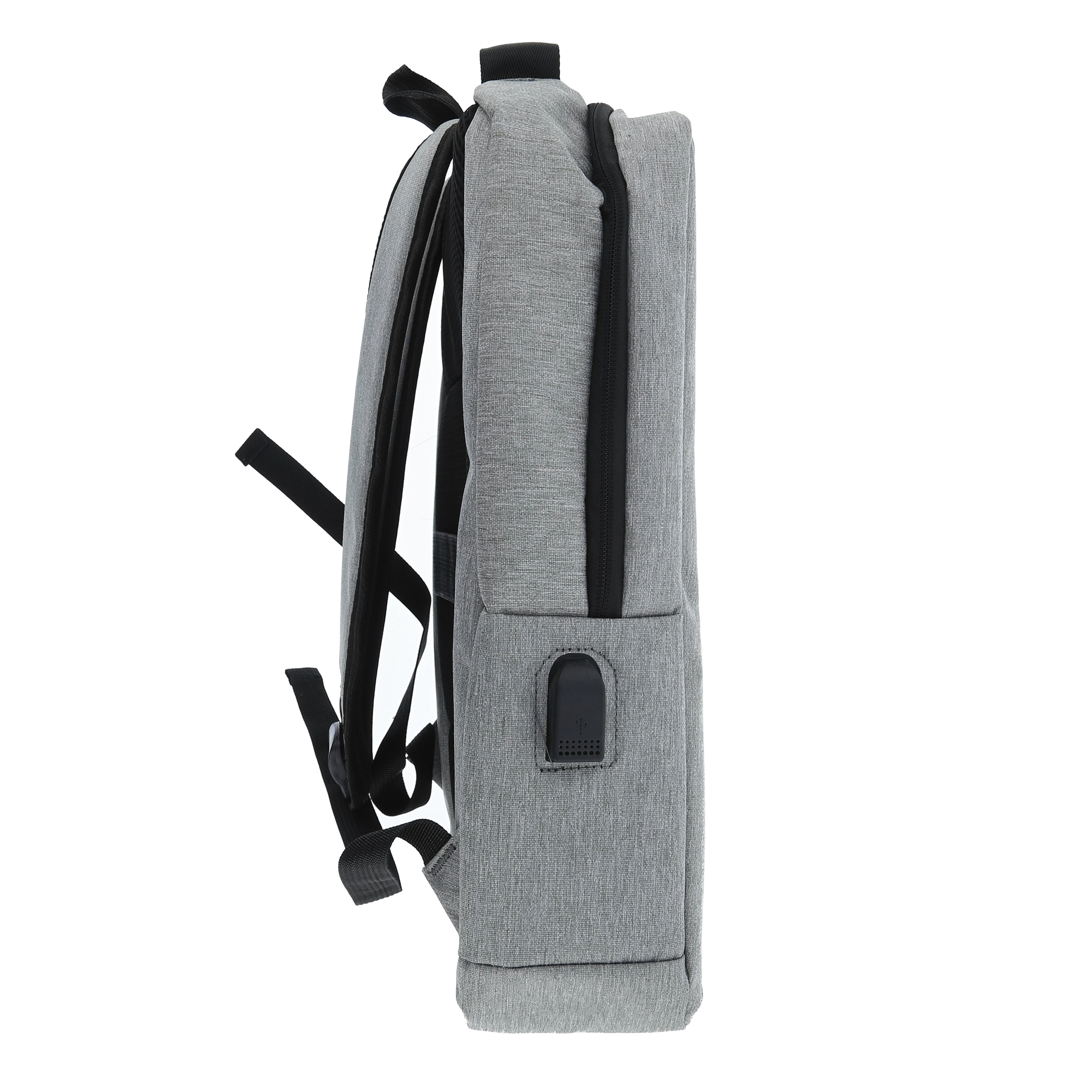 Szary plecak z czarnymi paskami i portem USB z boku.