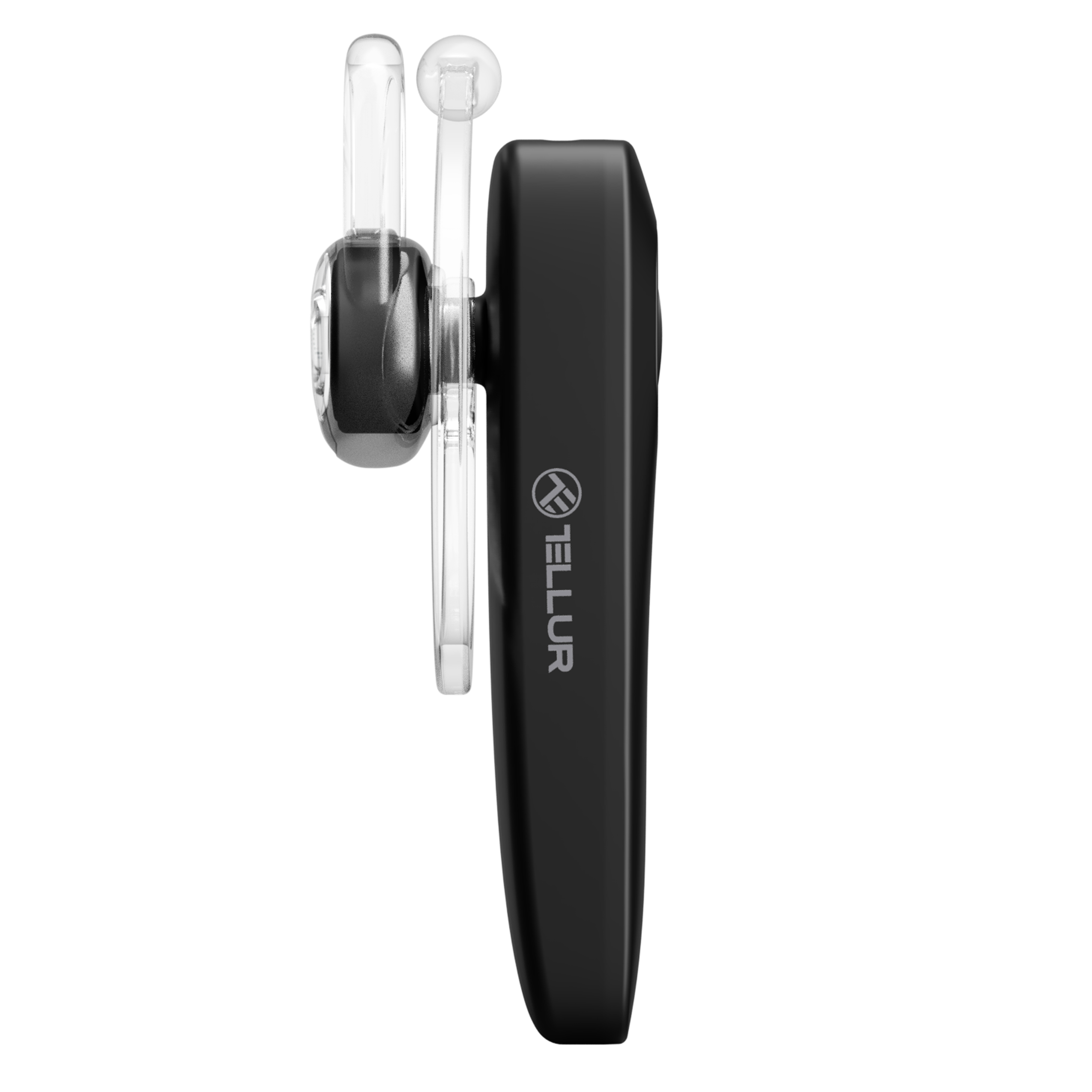 Schwarzes Bluetooth-Headset mit klarem Ohrbügel, Seitenansicht, auf weißem Hintergrund.