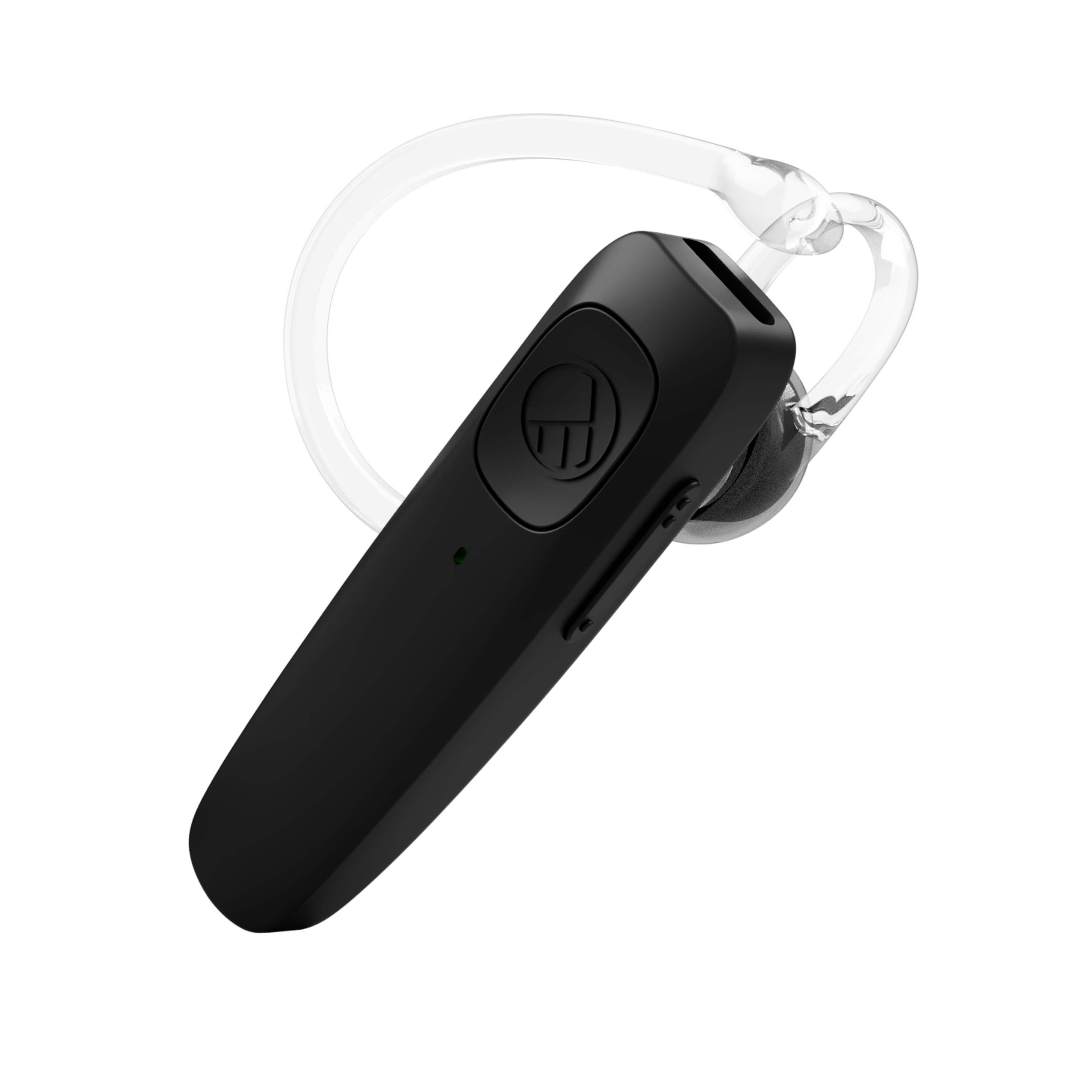Ein schwarzes Bluetooth-Headset mit einem durchsichtigen Ohrbügel. Es ist ein kleines, schlankes und modernes Design.