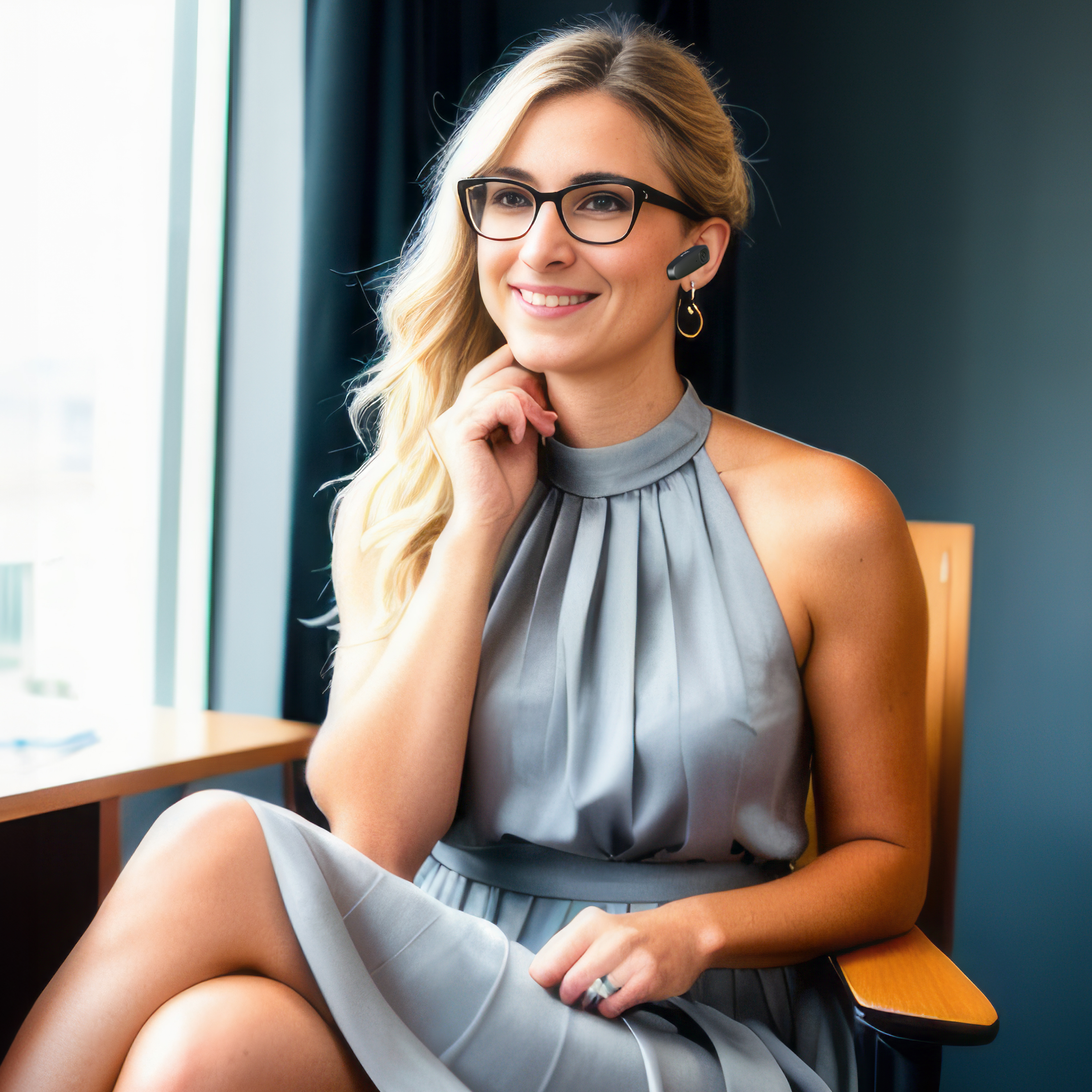 Frau mit Brille und Headset lächelt in einem Büro. Licht kommt vom Fenster.